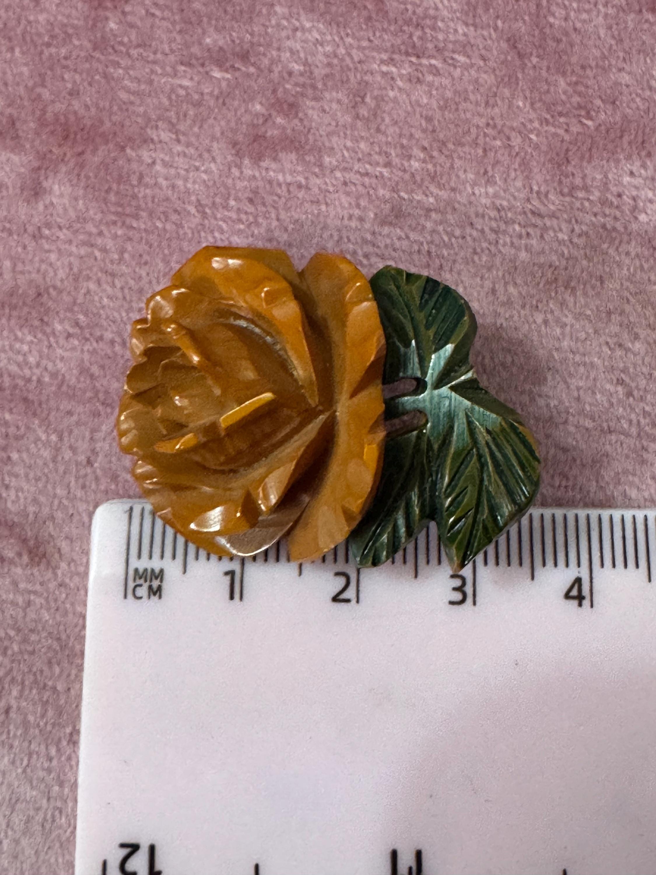 Vintage Bakelite Orange green floral rose brooch early plastic Art Deco