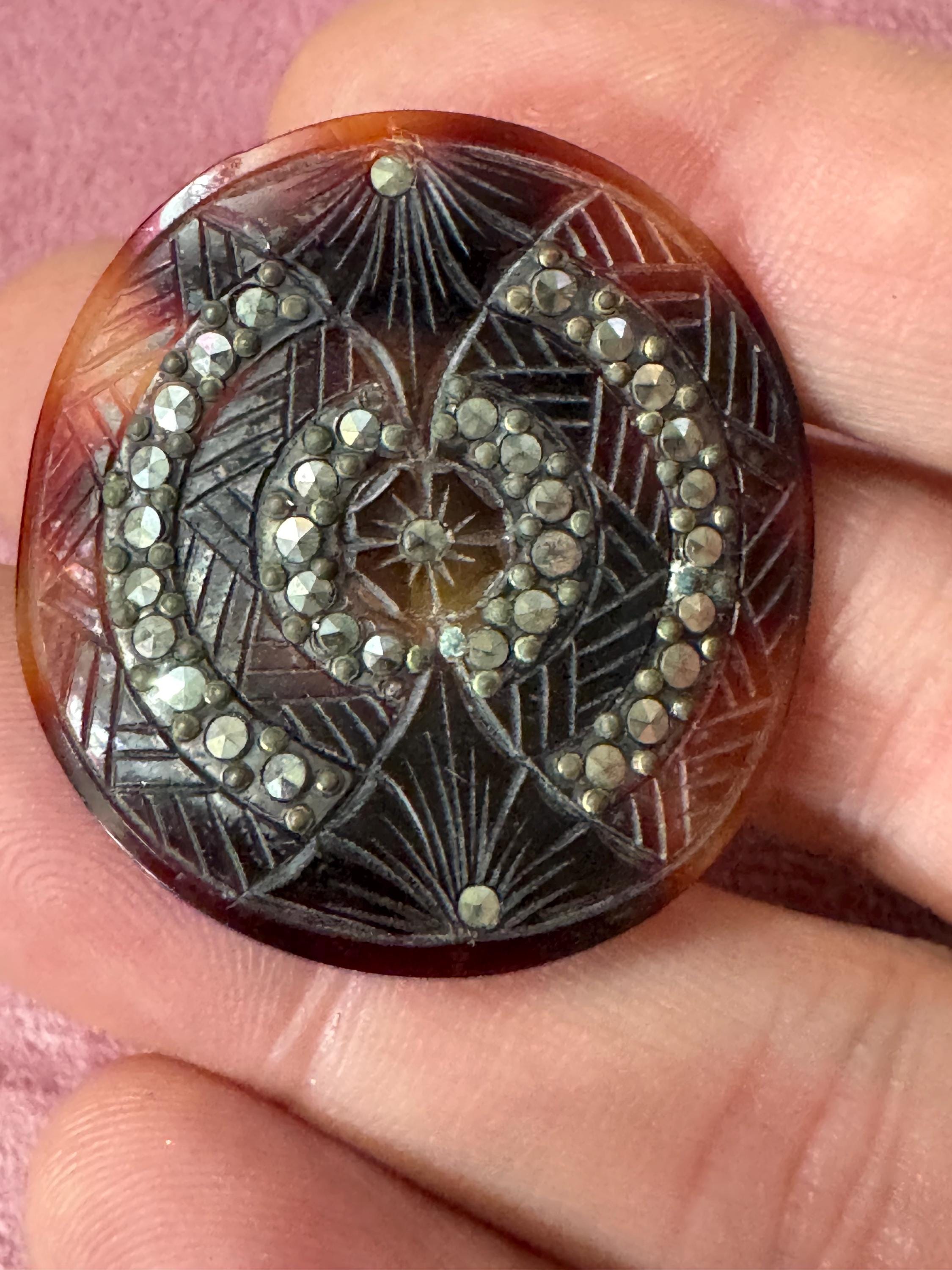 Victorian Carved Tortoiseshell Brooch: Cut Steel Marcasite, 3cm