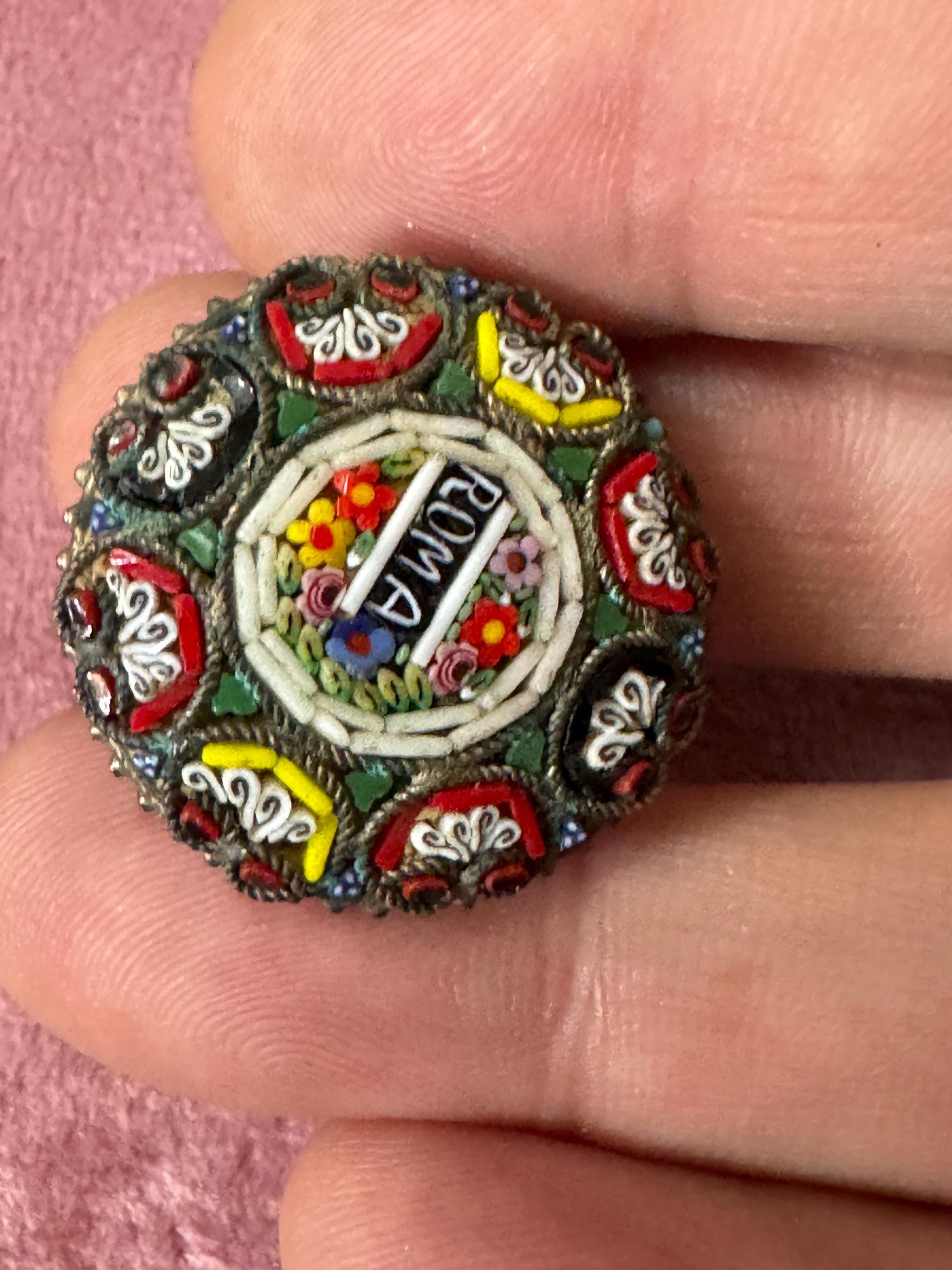 Antique early Italian ROMA Micro Mosaic Brooch Floral brooch with old c clasp