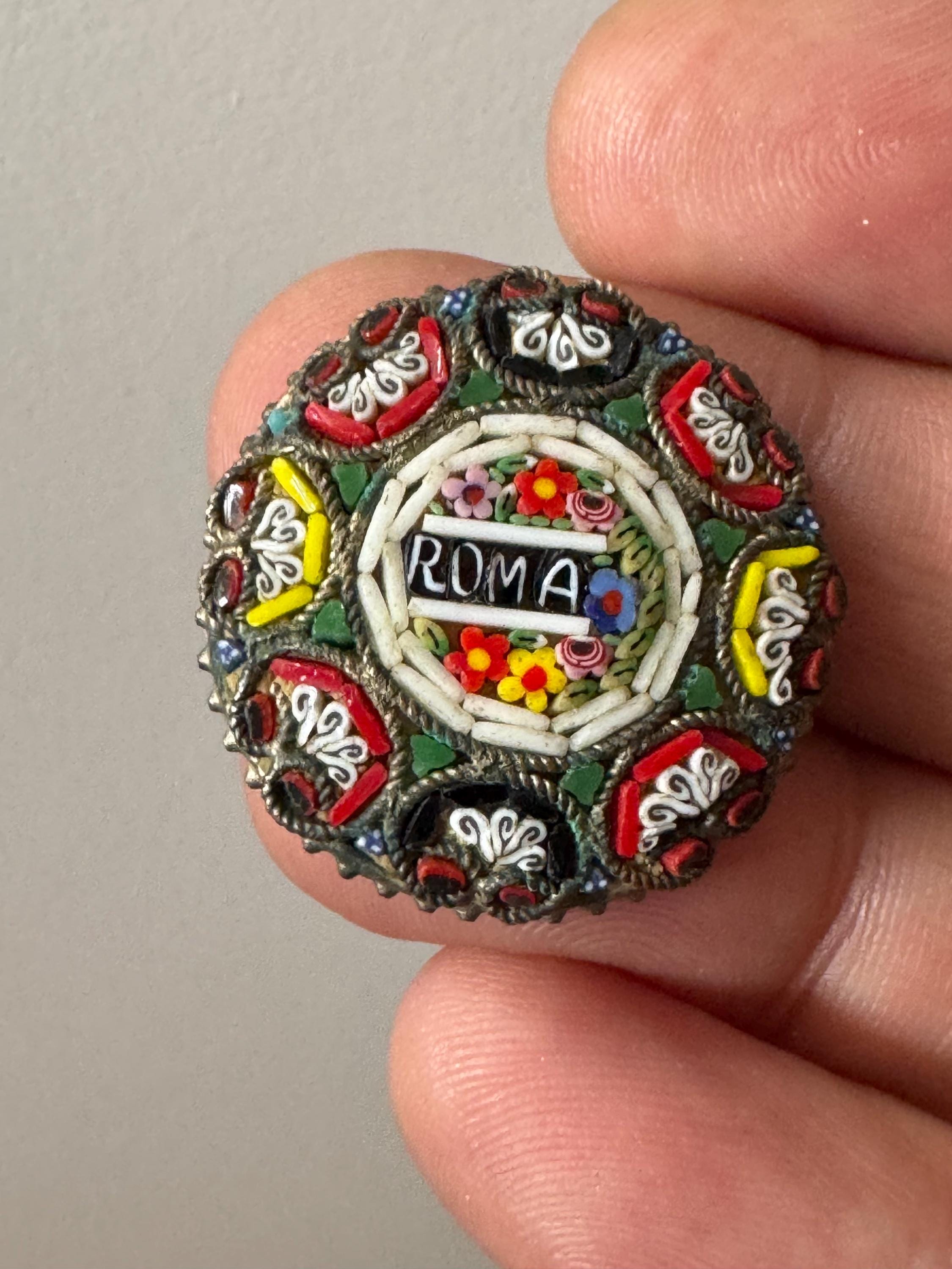 Antique early Italian ROMA Micro Mosaic Brooch Floral brooch with old c clasp