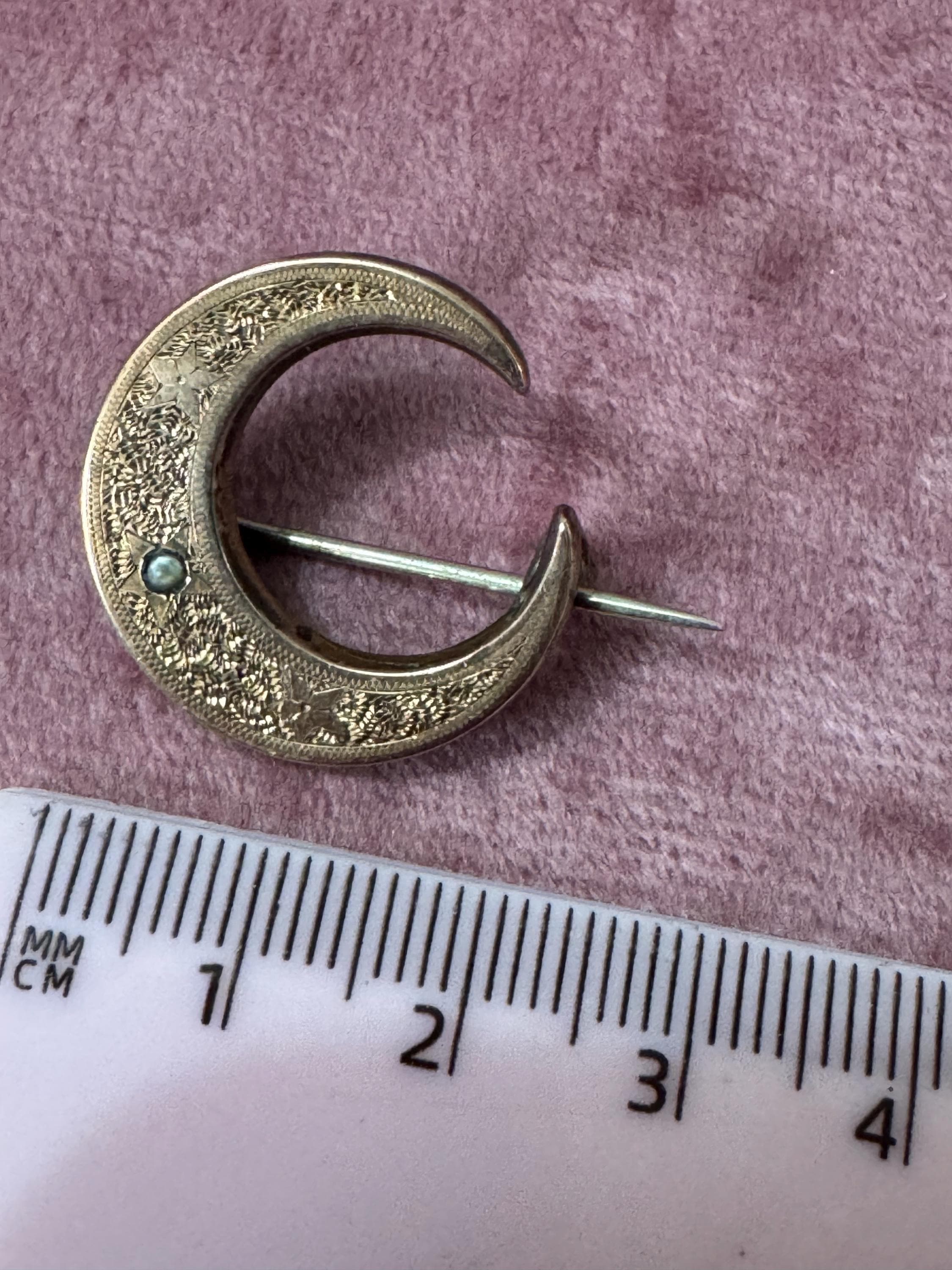 Antique Victorian celestial crescent moon brooch edwardian 1900s 1920s untested rolled gold front Pinchbeck