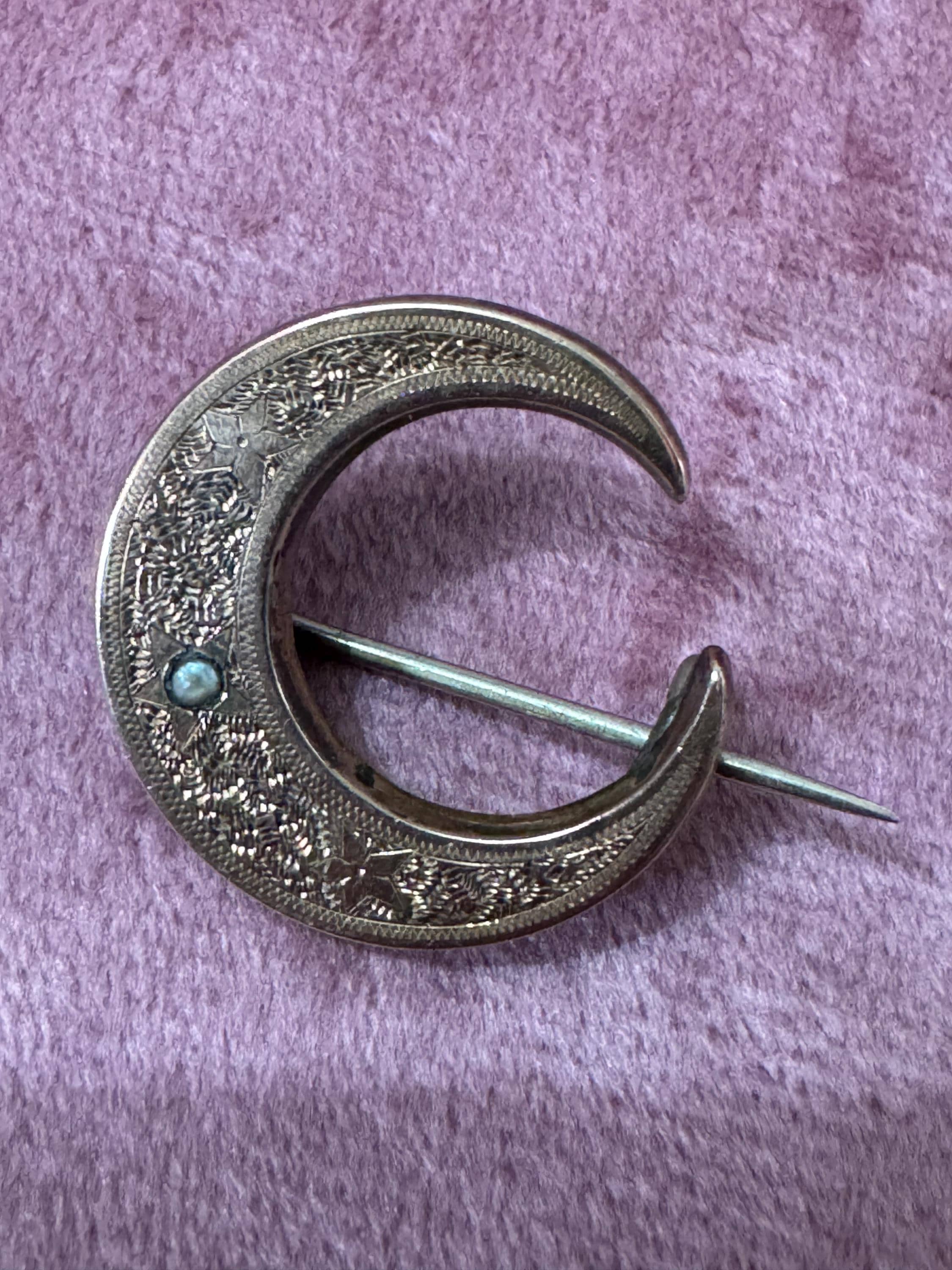 Antique Victorian celestial crescent moon brooch edwardian 1900s 1920s untested rolled gold front Pinchbeck