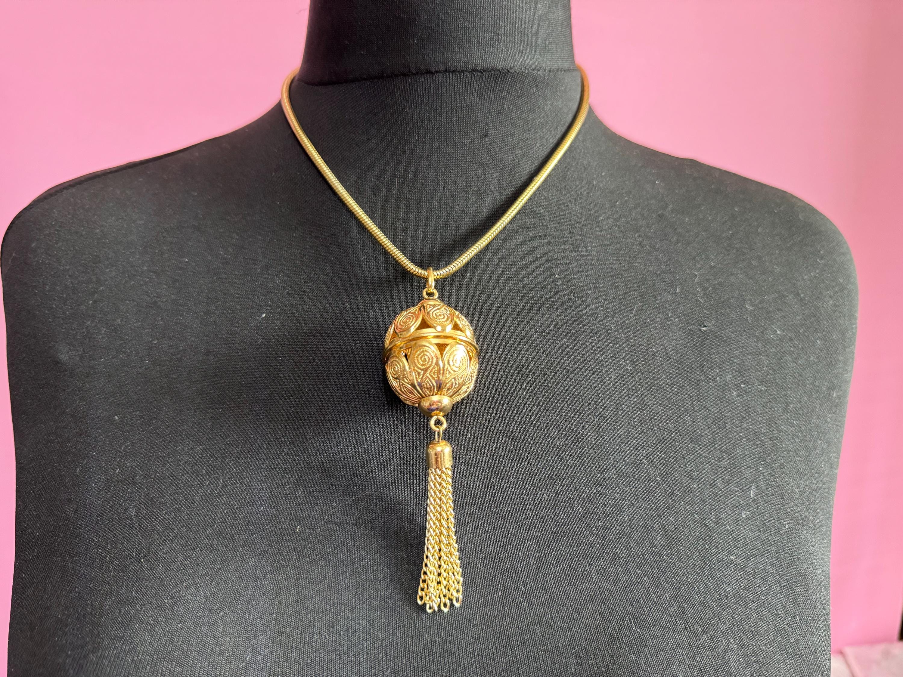 Vintage long round tube mesh link gold tone ornate cage ball tassel pendant necklace 70s