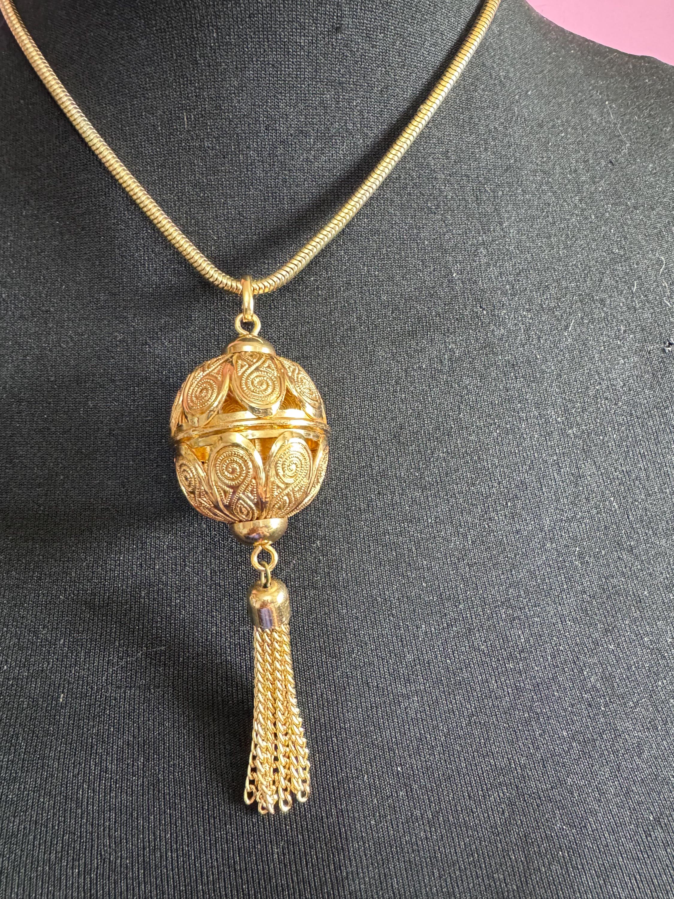 Vintage long round tube mesh link gold tone ornate cage ball tassel pendant necklace 70s