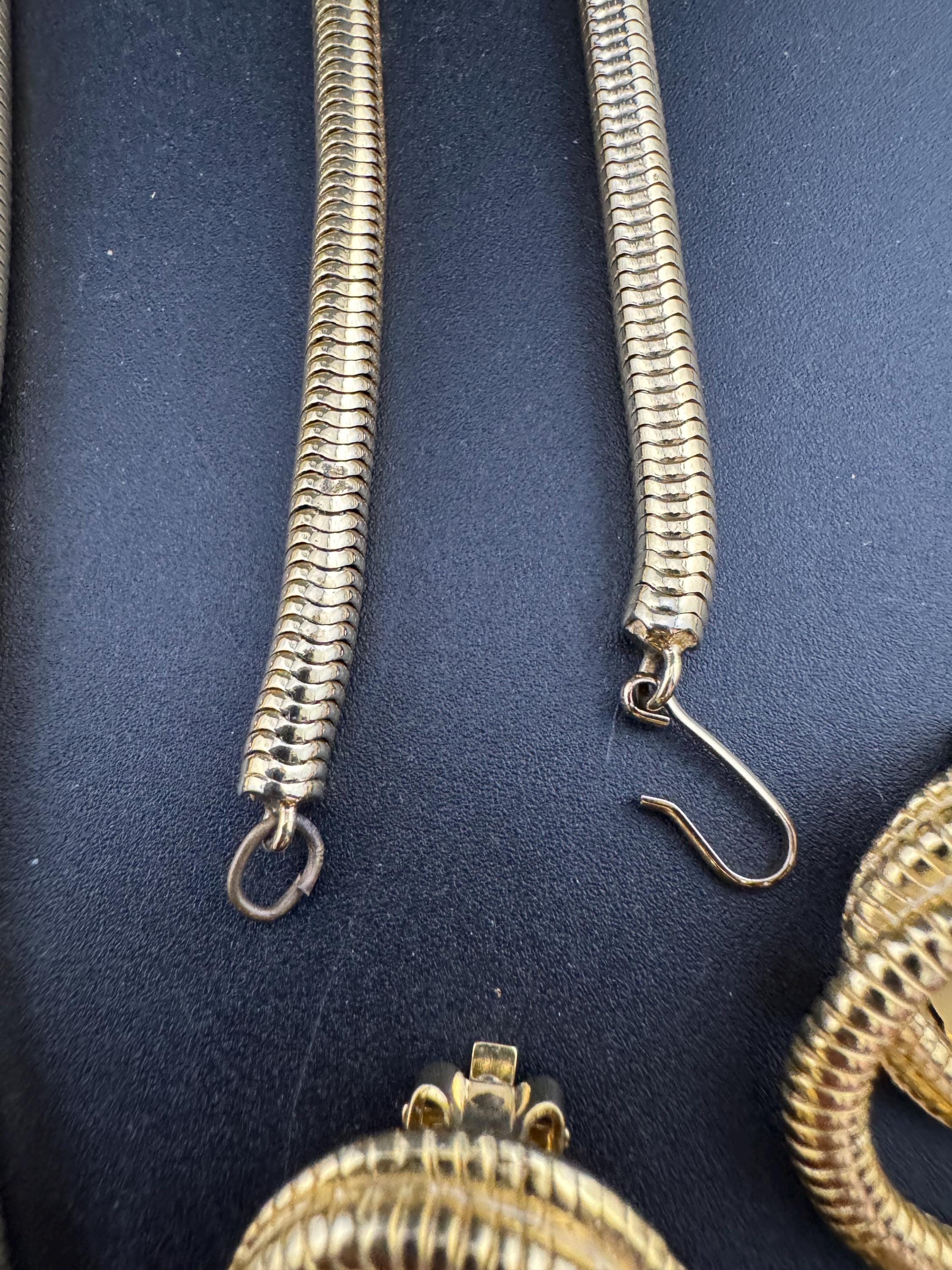 Vintage long round tube mesh link gold tone long chain necklace and matching earring set