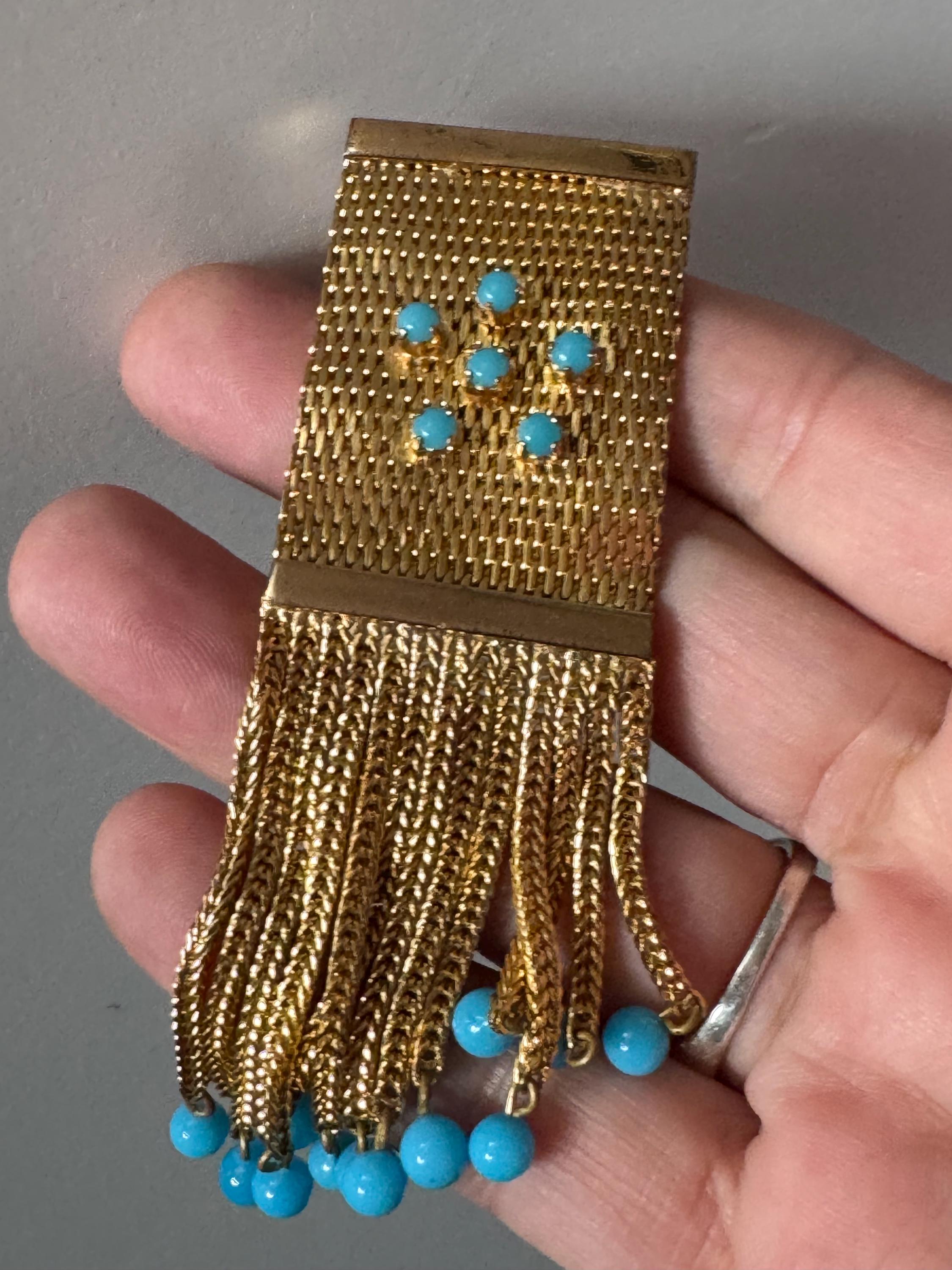 vintage modernist mid century gold tone 9cm mesh waterfall brooch set with turquoise paste