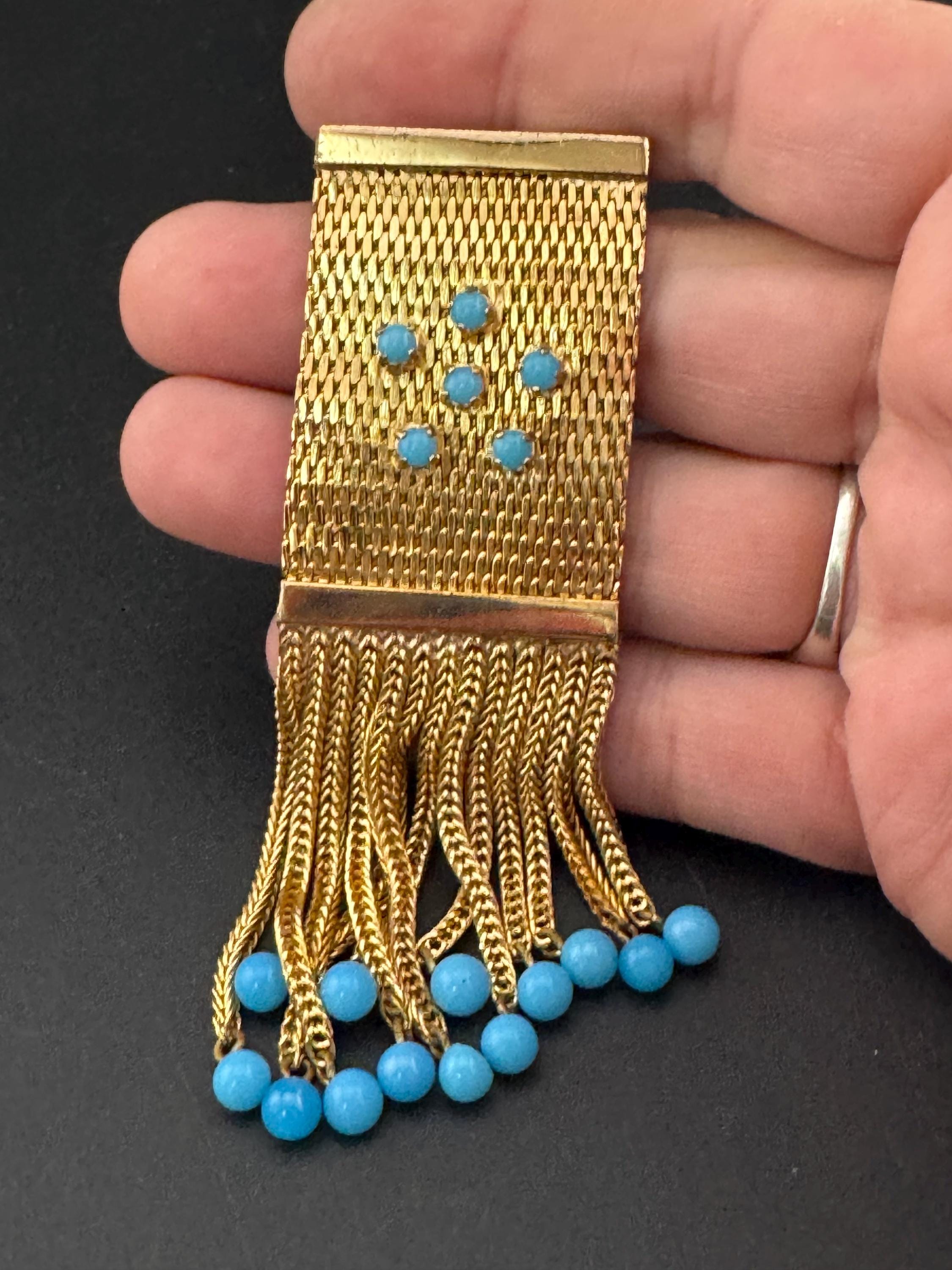 vintage modernist mid century gold tone 9cm mesh waterfall brooch set with turquoise paste