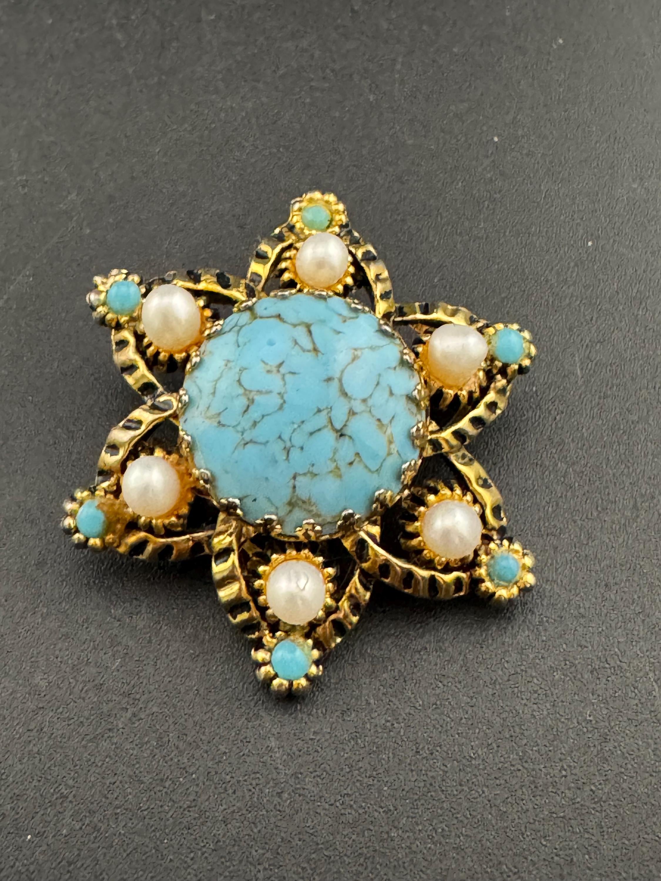 vintage mid century gold tone turquoise seed Pearl brooch 1960s 1970s