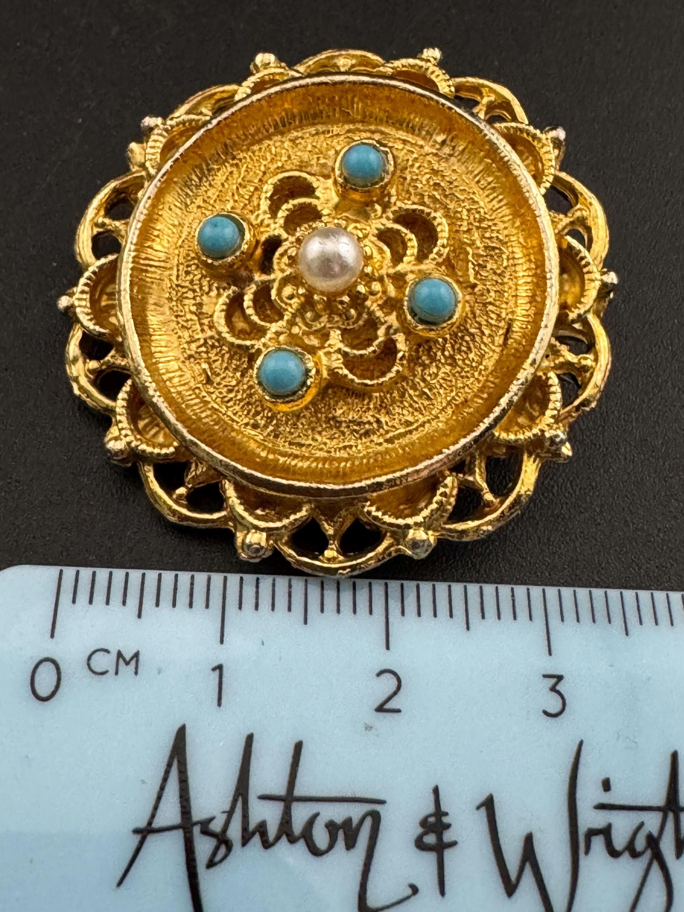 Signed Hollywood vintage gold tone turquoise bead & faux pearl round bullseye brooch