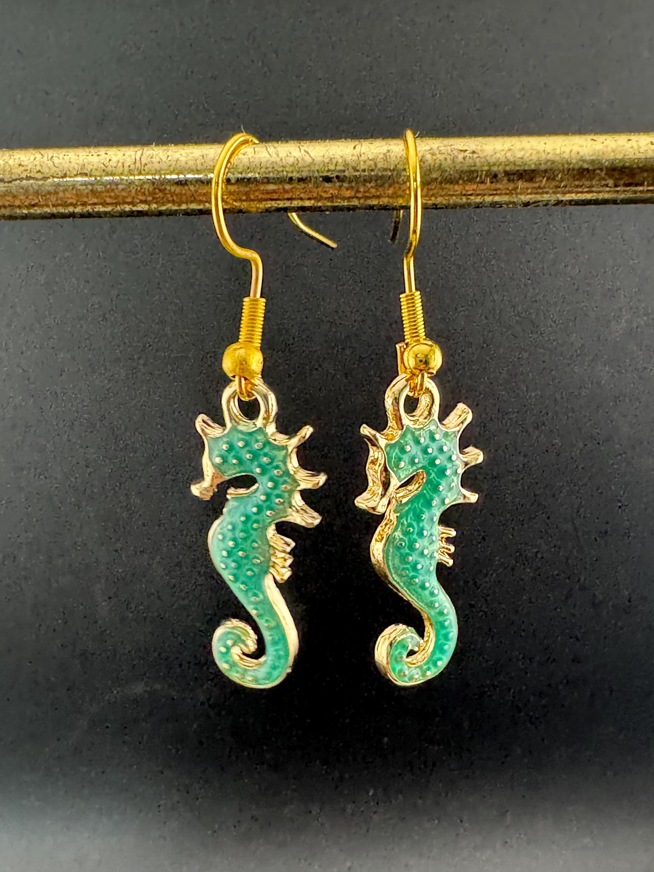Turquoise Blue enamel nautical seahorse earrings for pierced ears,  Gold tone marine life