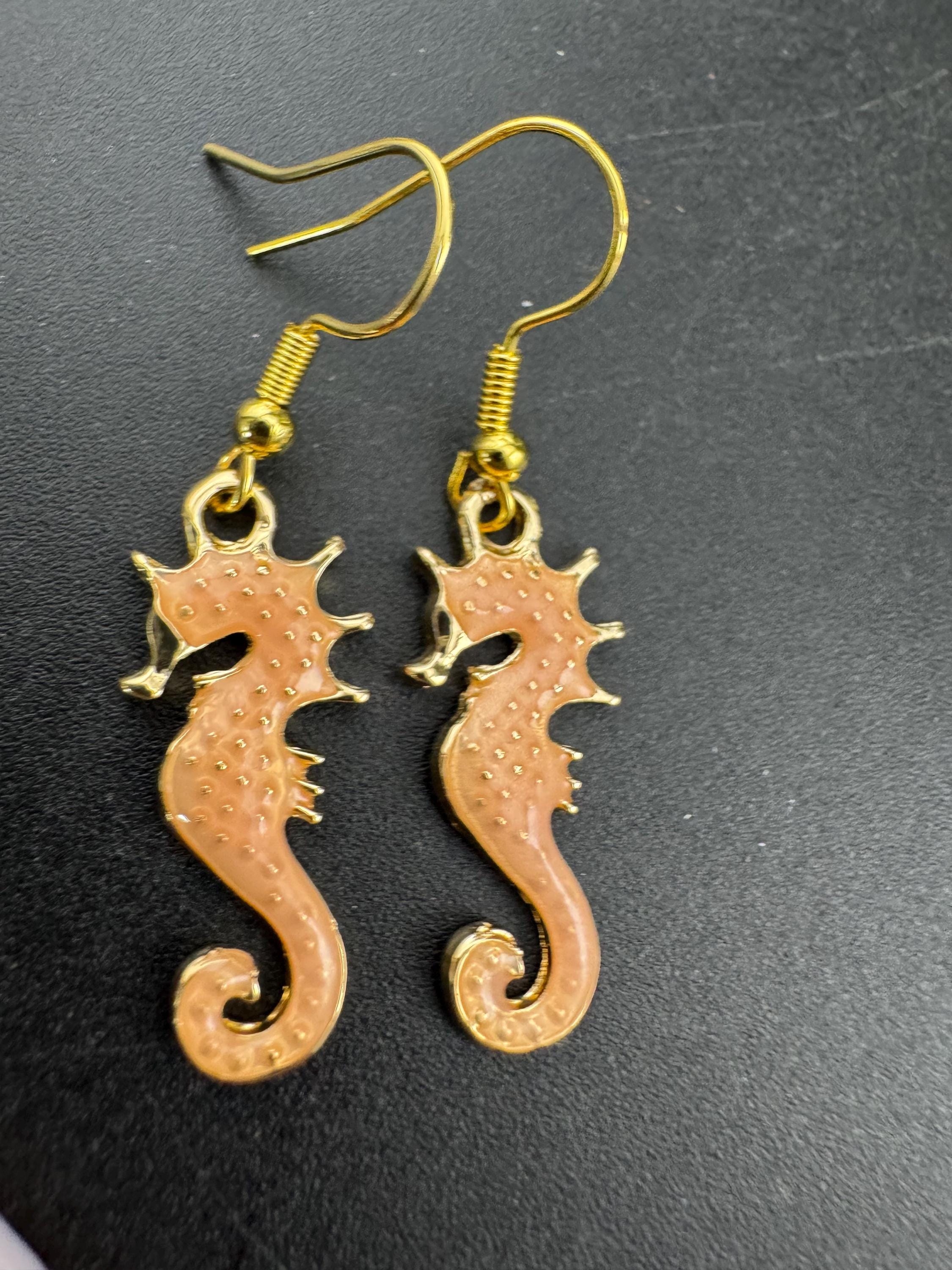 Soft pink enamel nautical seahorse earrings for pierced ears,  Gold tone marine life