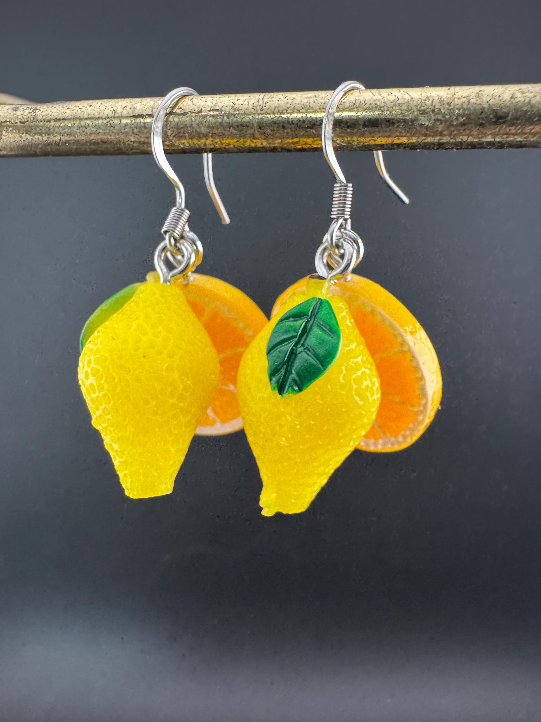pair of novelty oranges and lemons fruit earrings, silver stainless steel earwires for pierced ears