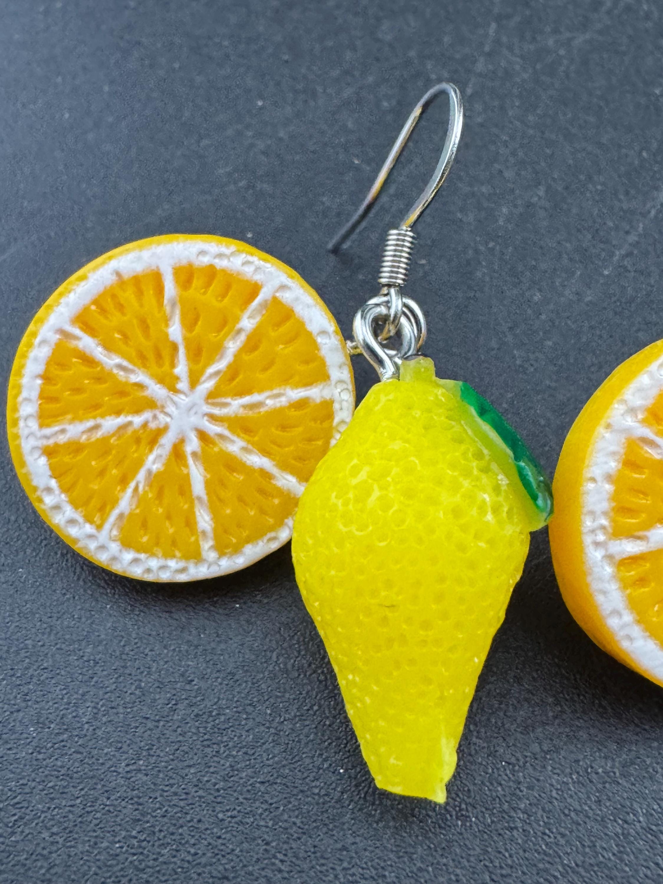 pair of novelty oranges and lemons fruit earrings, silver stainless steel earwires for pierced ears
