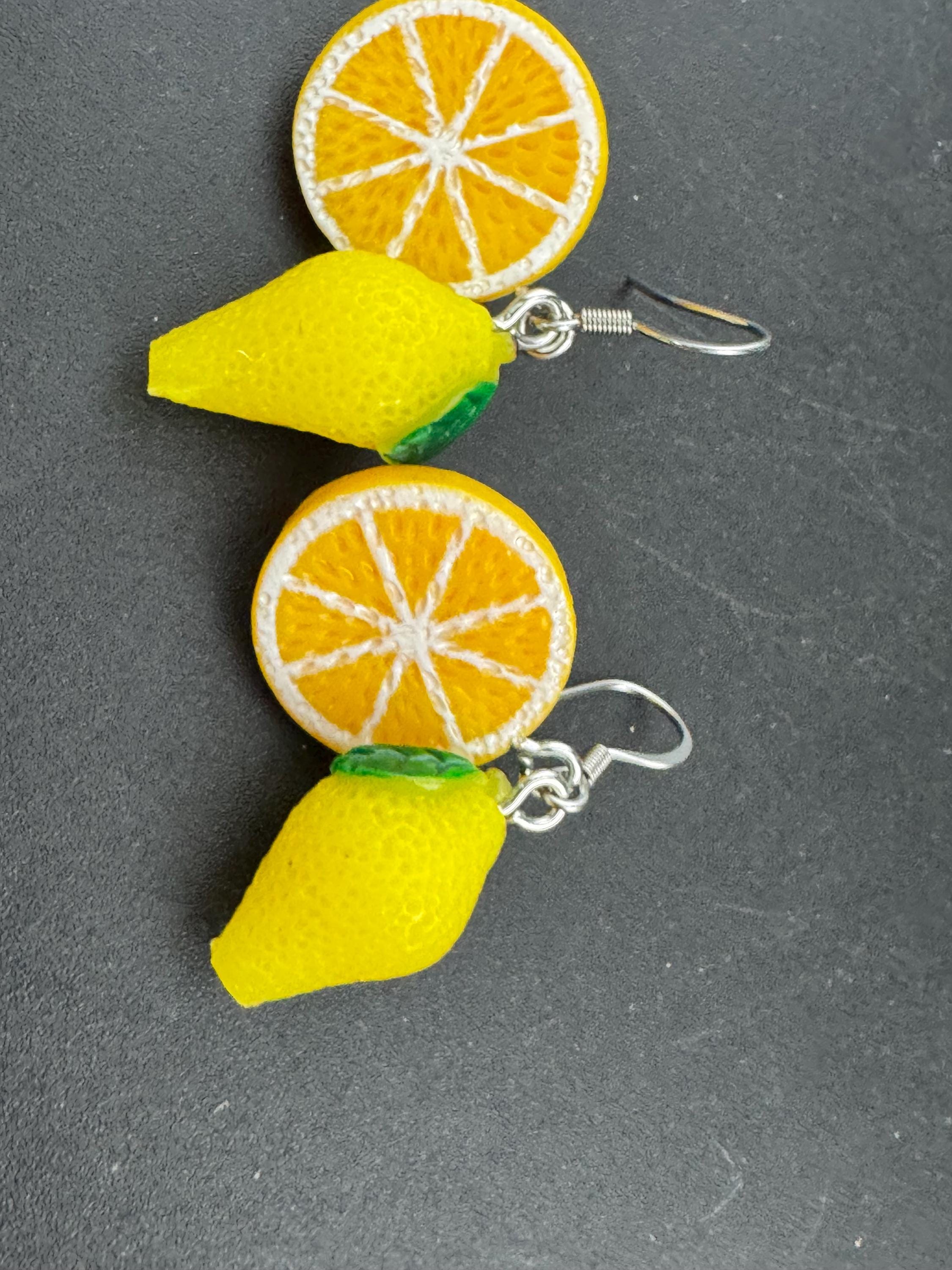 pair of novelty oranges and lemons fruit earrings, silver stainless steel earwires for pierced ears