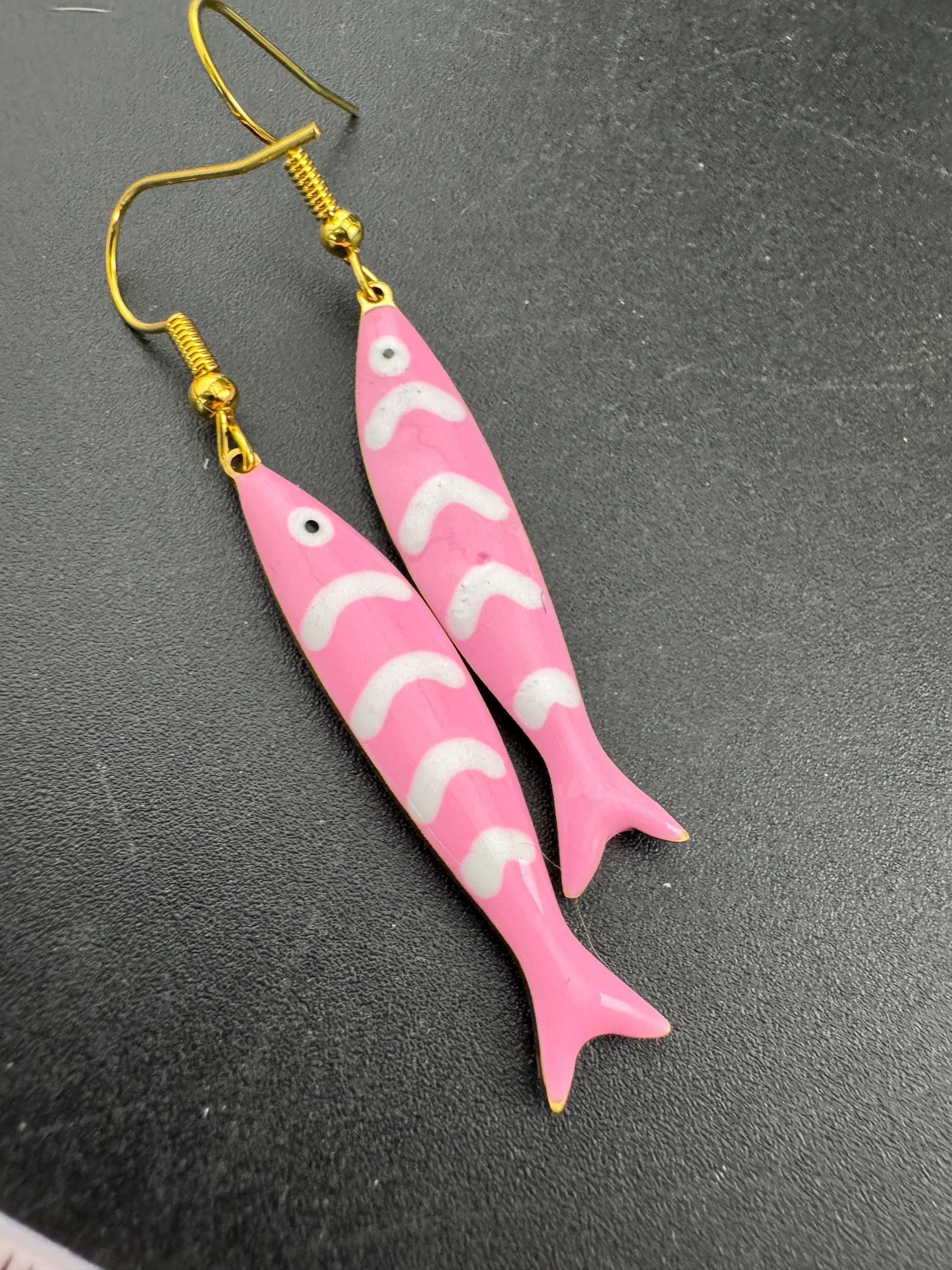 Nautical pink enamel gold tone sardine fish drop charm earrings for  pierced ears