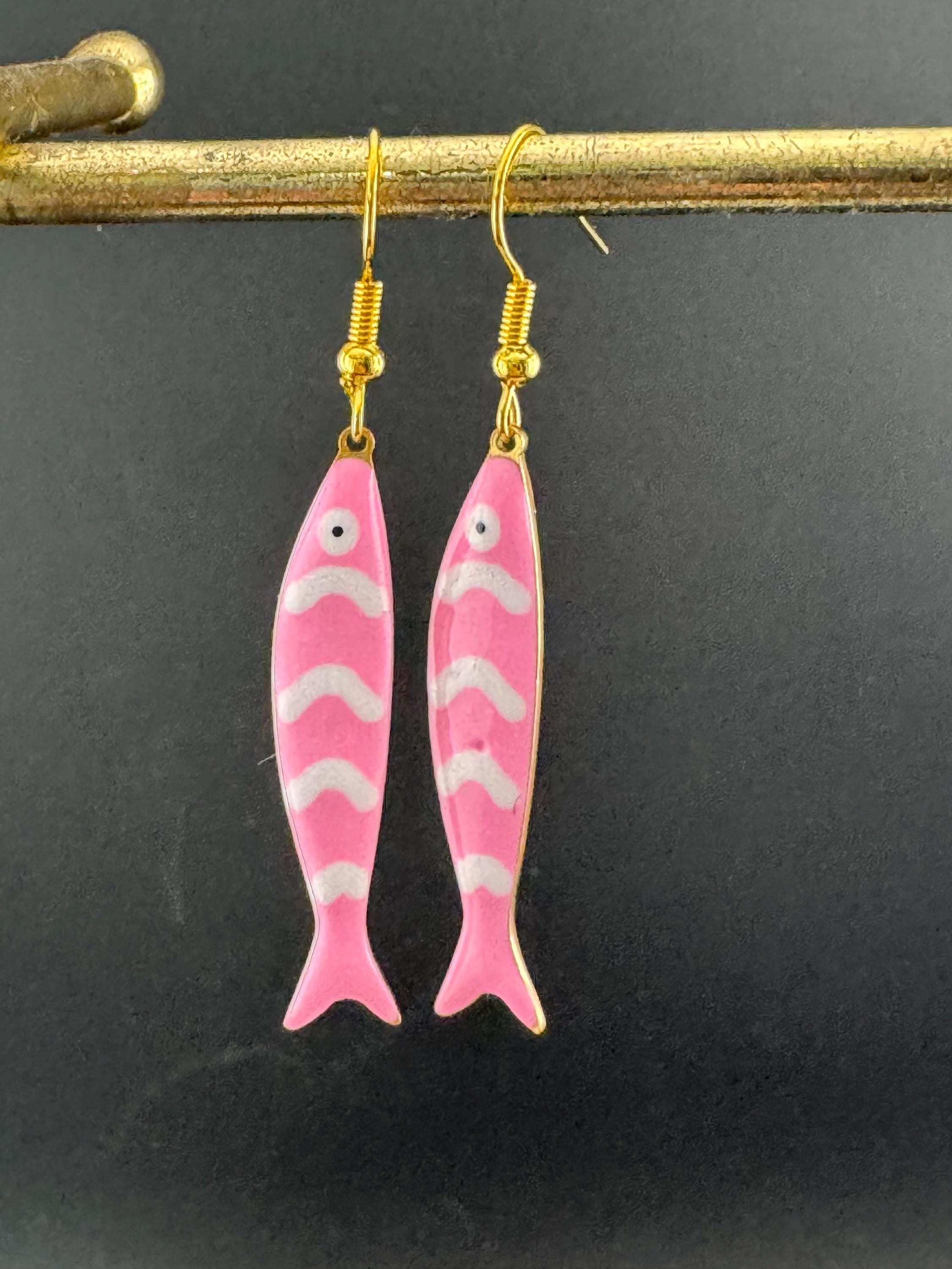 Nautical pink enamel gold tone sardine fish drop charm earrings for  pierced ears