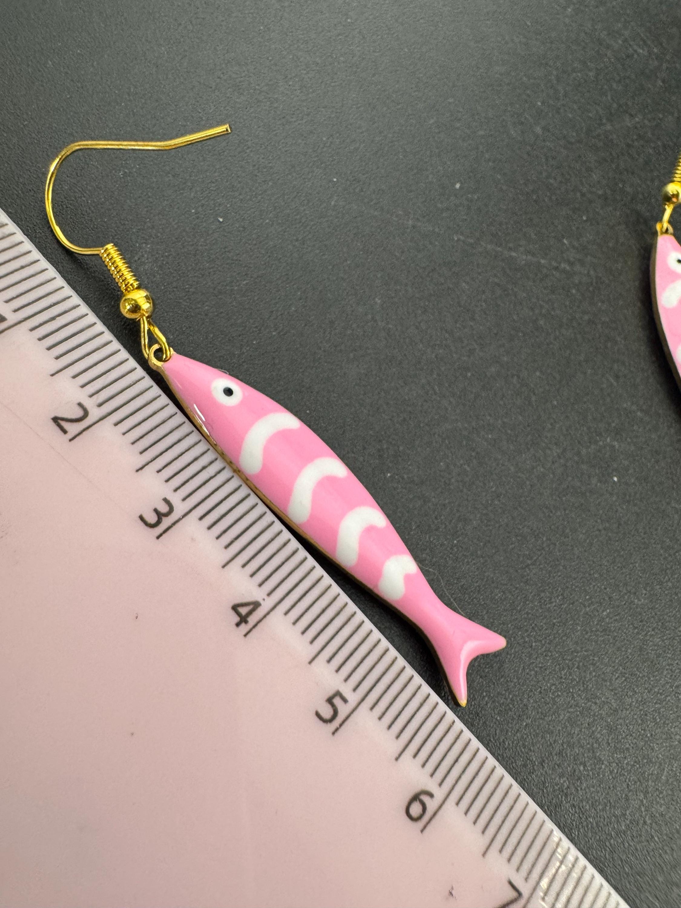 Nautical pink enamel gold tone sardine fish drop charm earrings for  pierced ears