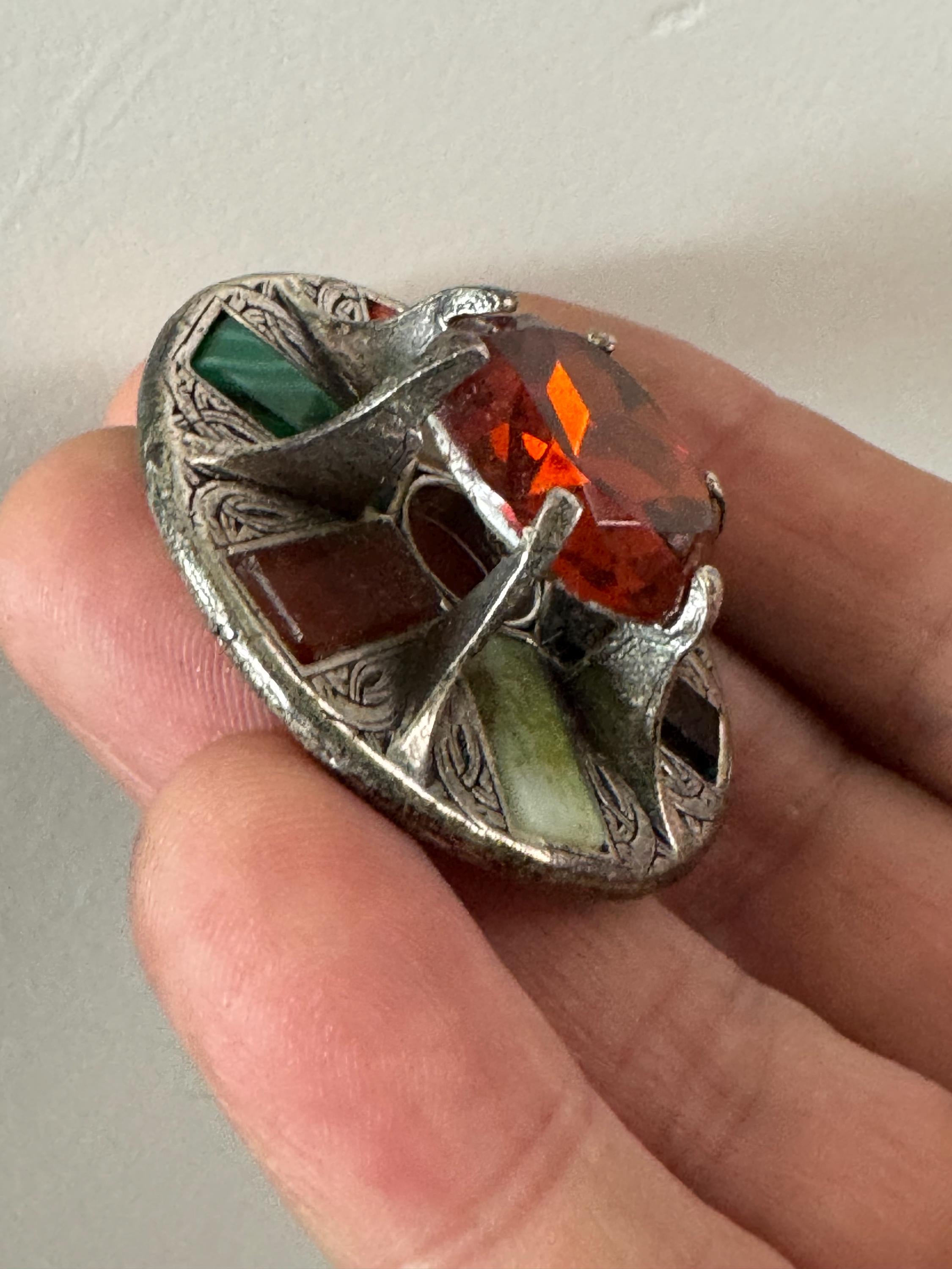 Signed Miracle large Vintage silver tone Scottish agate faux citrine glass brooch