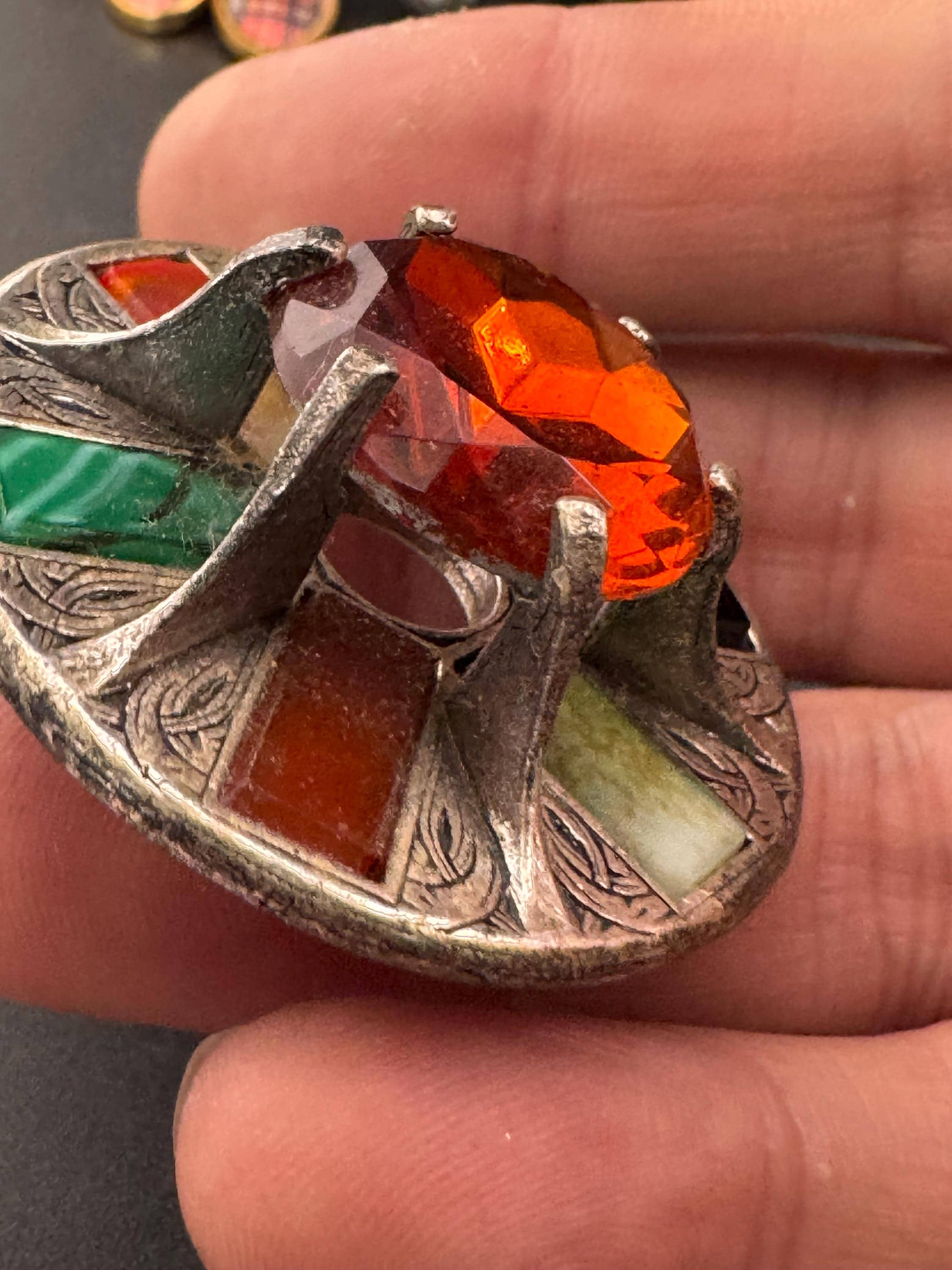 Signed Miracle large Vintage silver tone Scottish agate faux citrine glass brooch