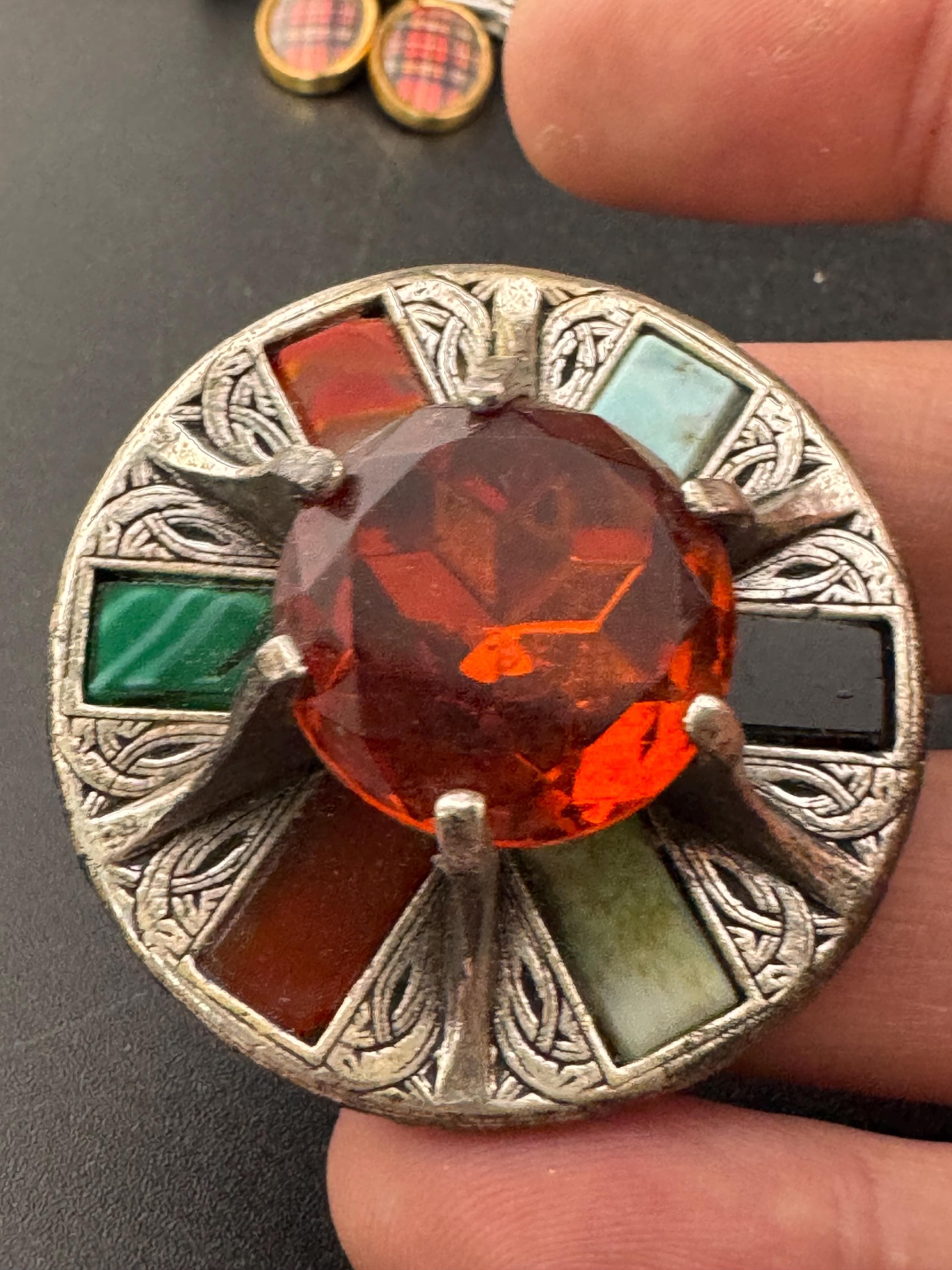 Signed Miracle large Vintage silver tone Scottish agate faux citrine glass brooch