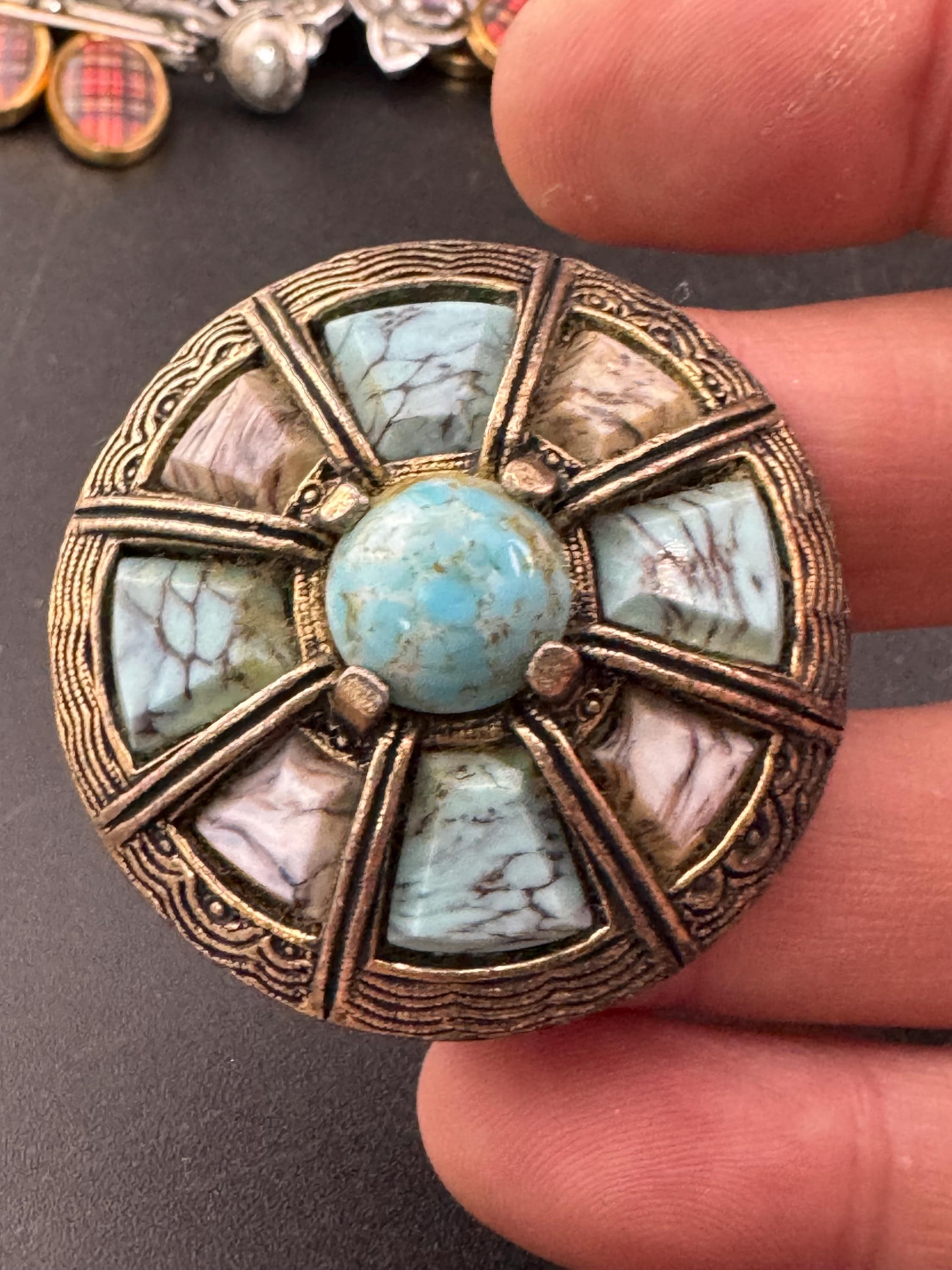 Signed Miracle Vintage silver tone turquoise blue tones Scottish agate pebble glass brooch