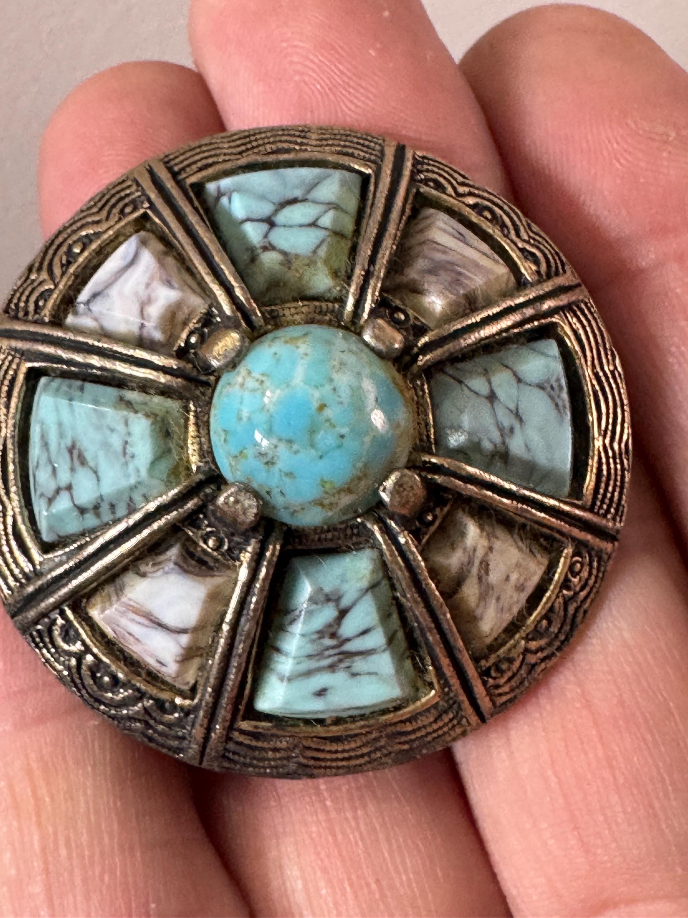 Signed Miracle Vintage silver tone turquoise blue tones Scottish agate pebble glass brooch