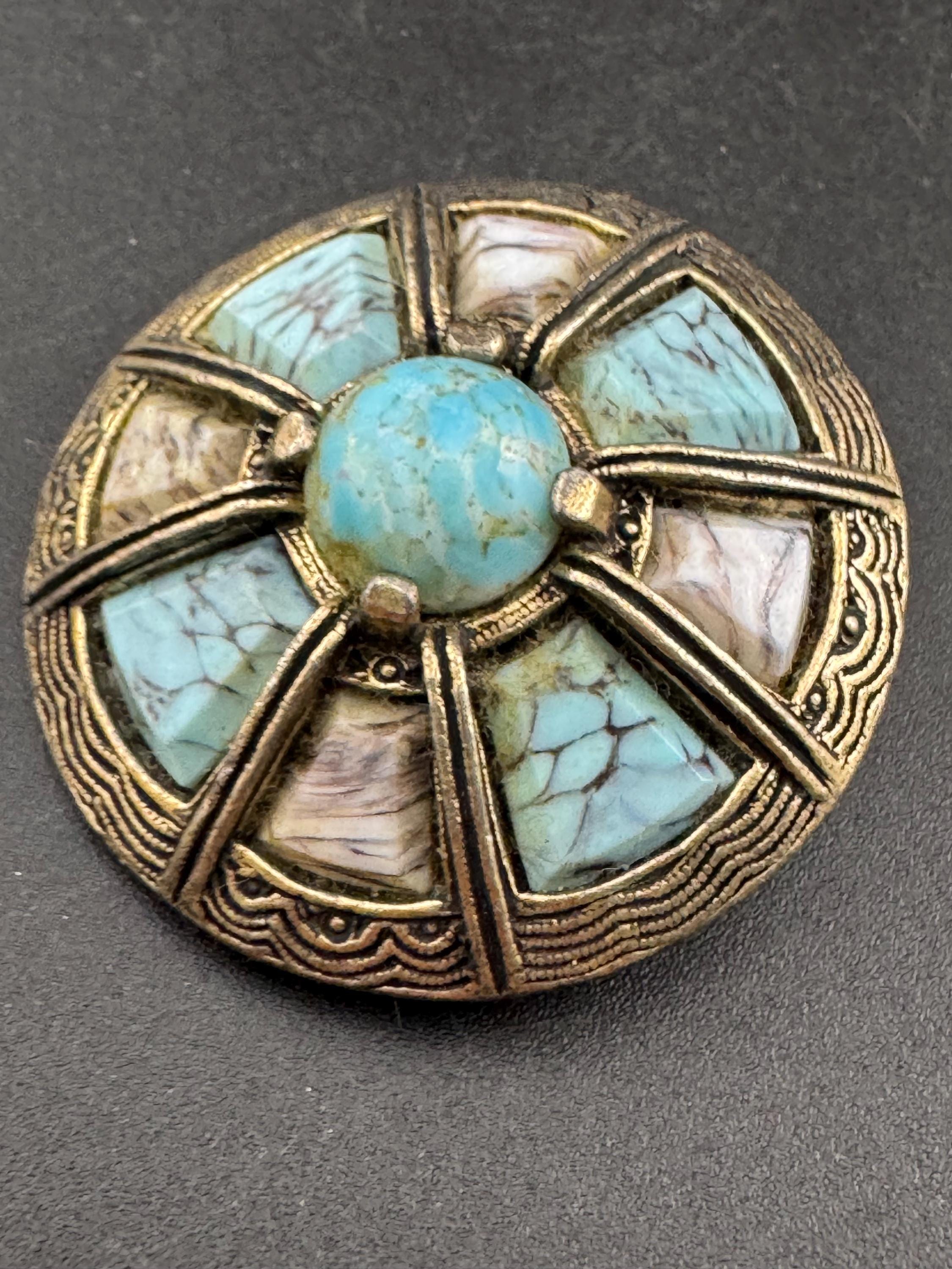 Signed Miracle Vintage silver tone turquoise blue tones Scottish agate pebble glass brooch