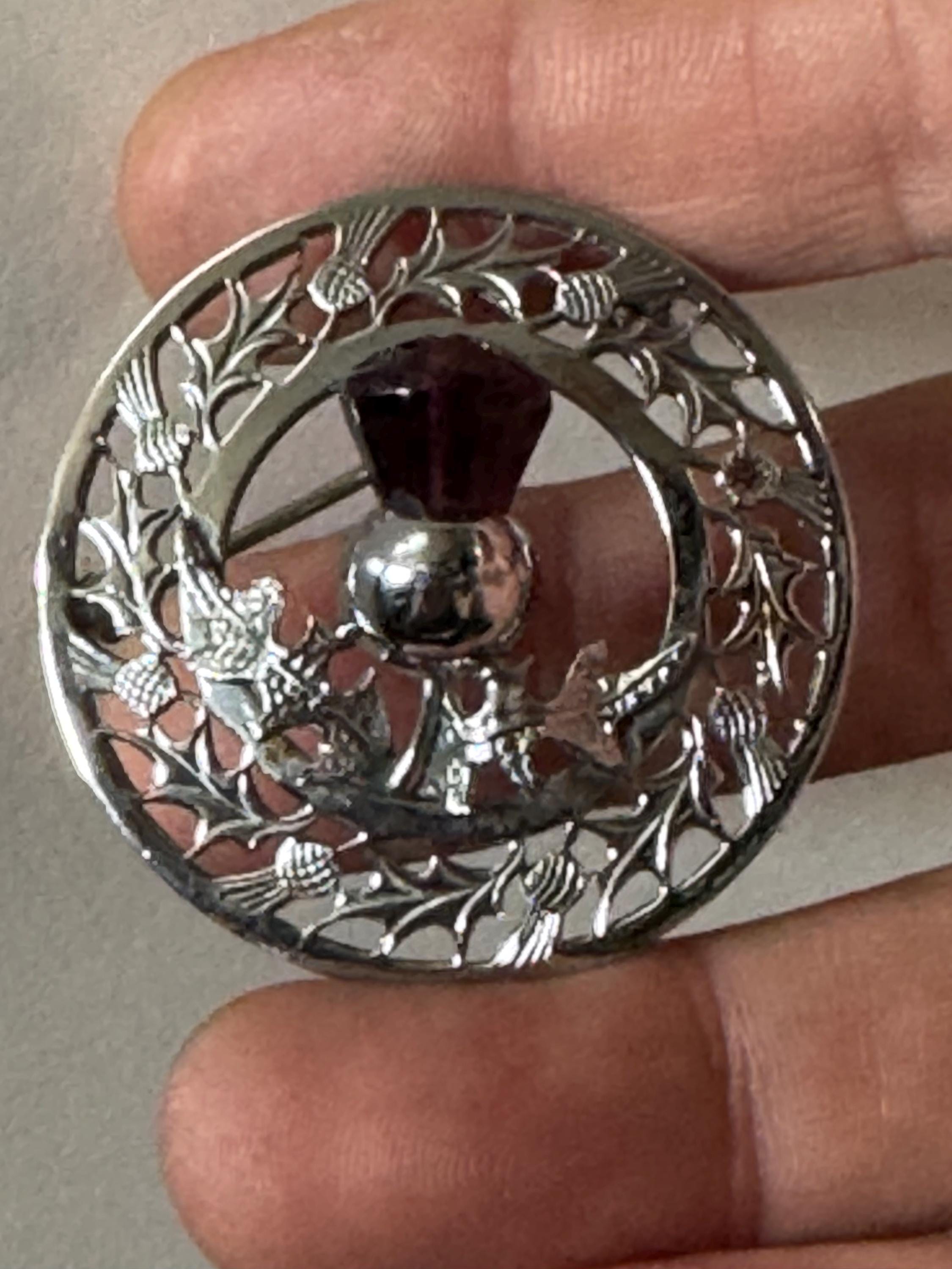 Signed mizpah vintage Scottish Purple glass Thistle Emblem silver tone Brooch