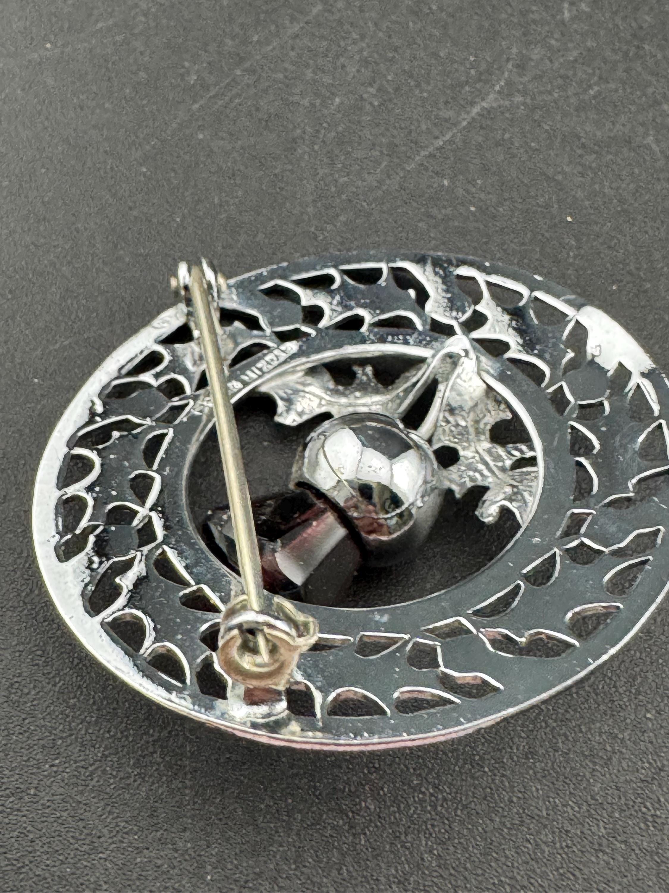 Signed mizpah vintage Scottish Purple glass Thistle Emblem silver tone Brooch