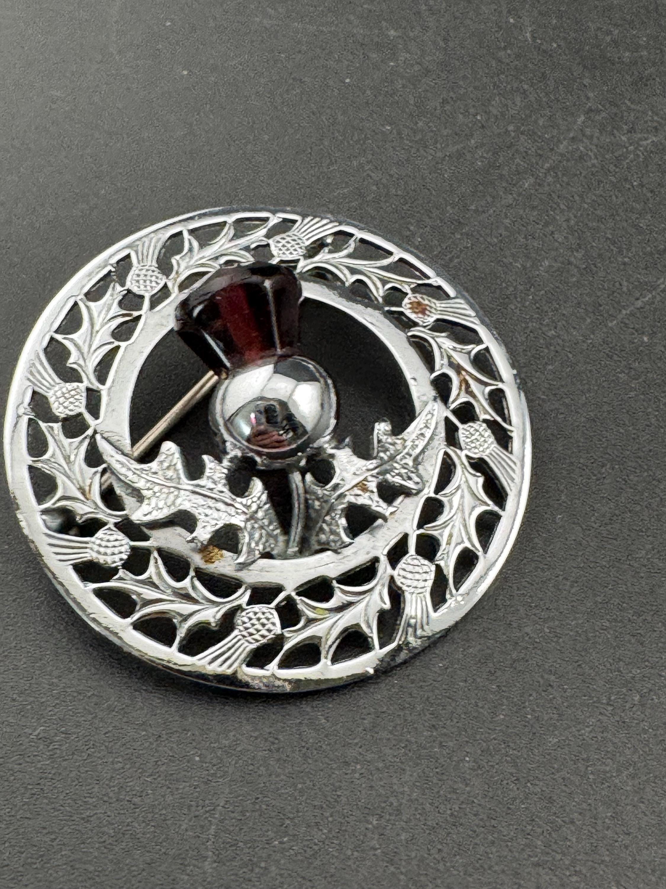 Signed mizpah vintage Scottish Purple glass Thistle Emblem silver tone Brooch