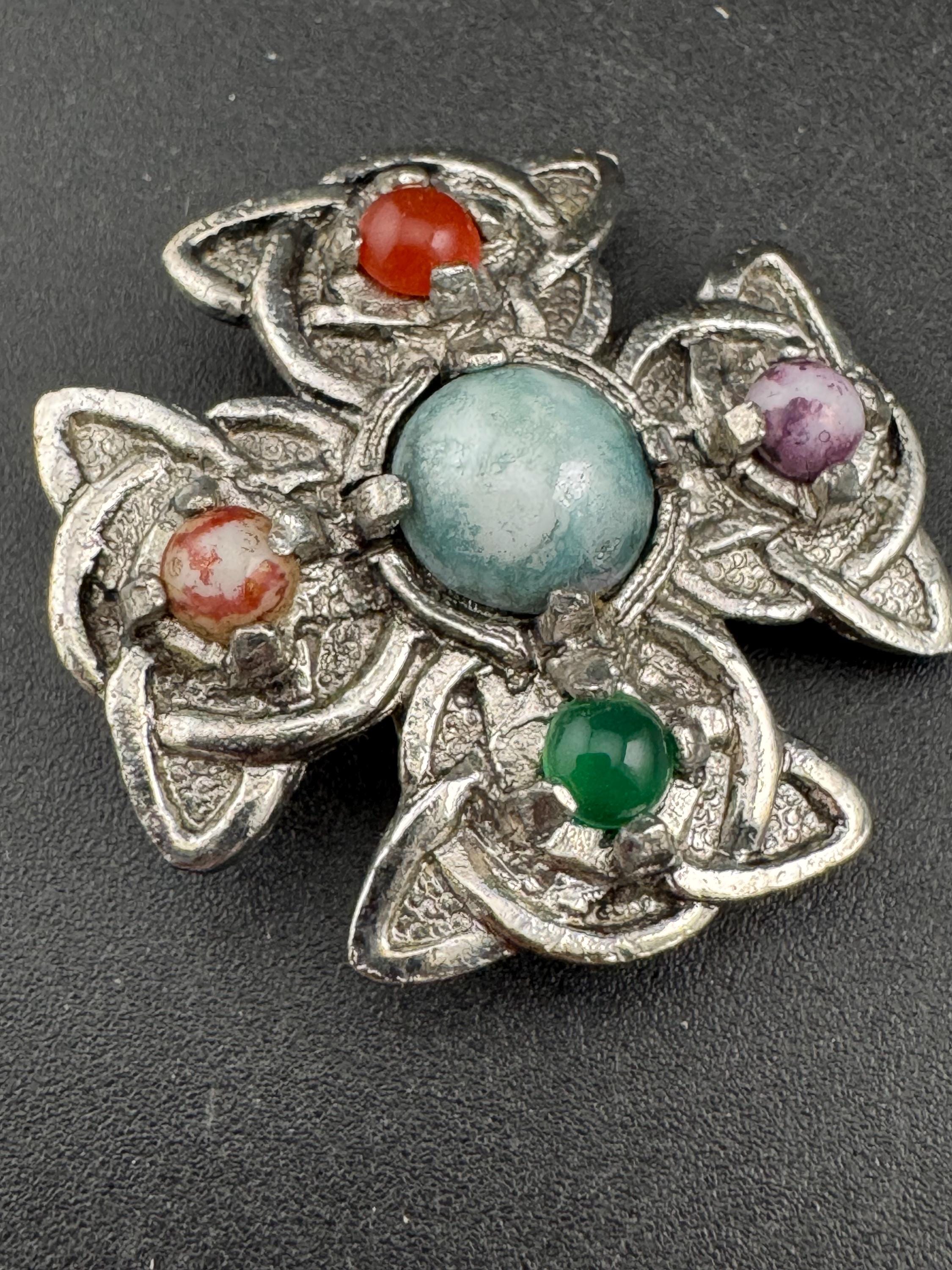 Vintage silver tone Scottish faux agate pebble glass Celtic cross brooch