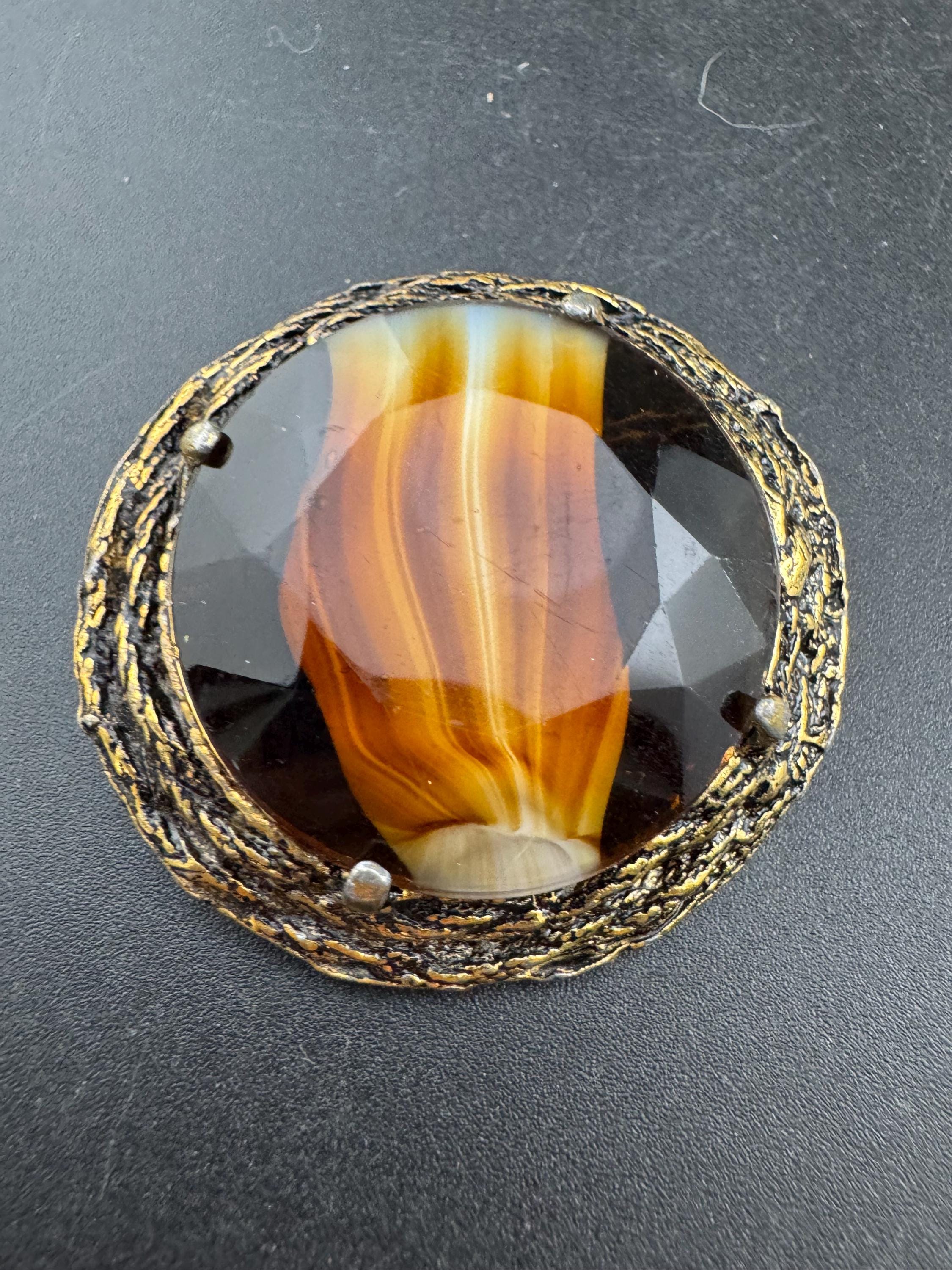 Vintage Oversized Celtic Brooch: Faux Agate Givre Glass, 1960s