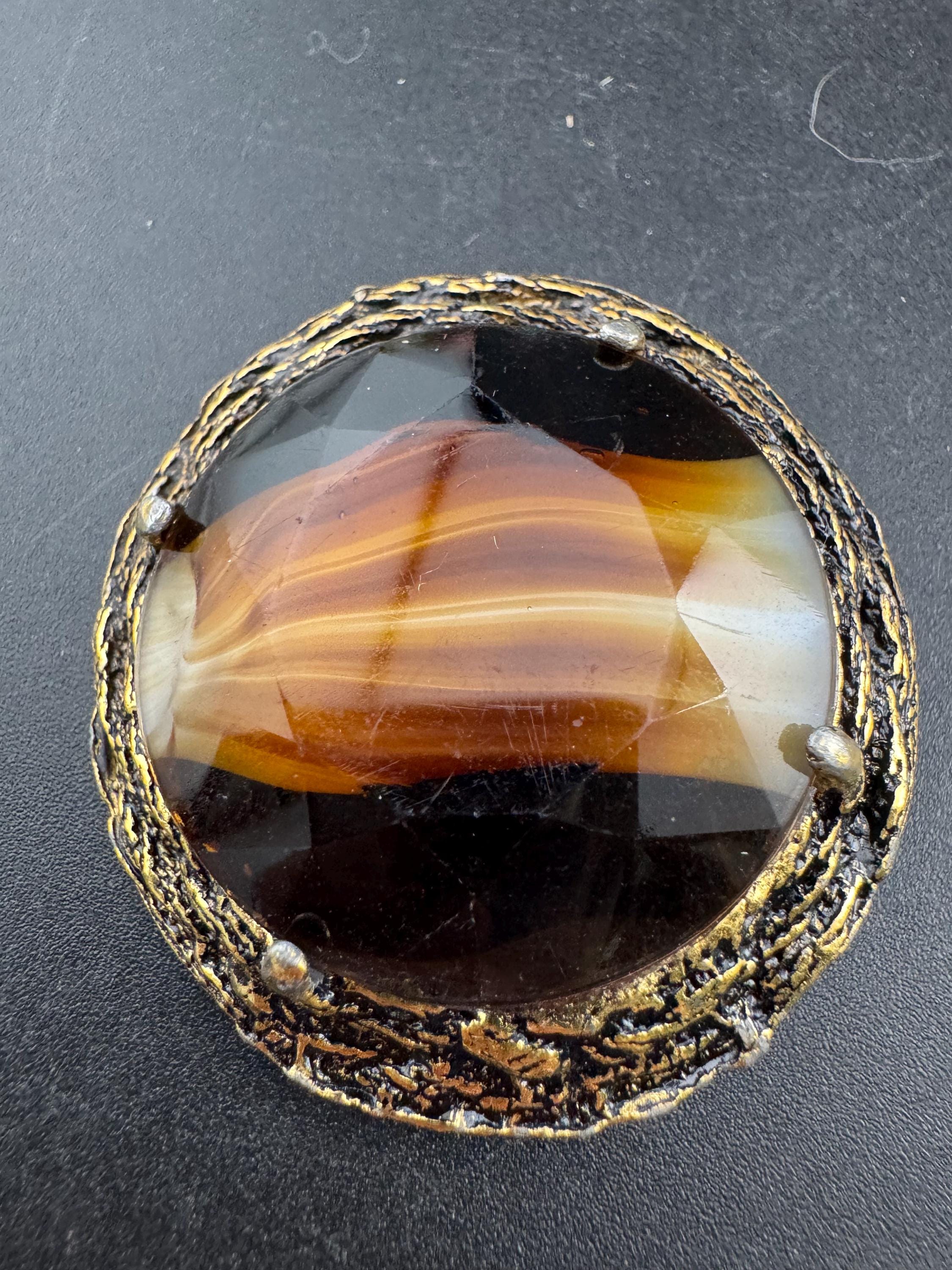 Vintage Oversized Celtic Brooch: Faux Agate Givre Glass, 1960s