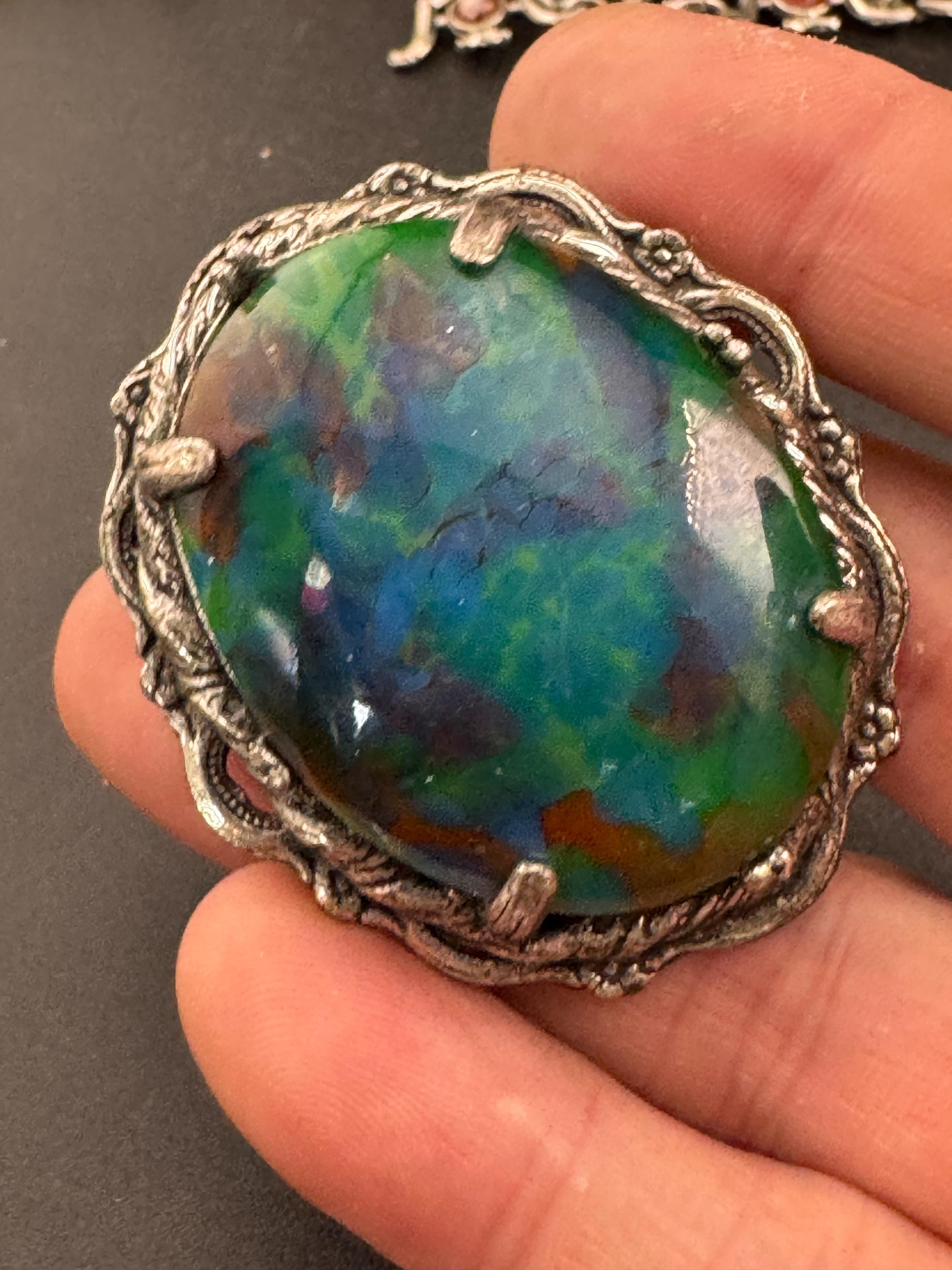 Vintage Oversized Celtic Brooch: Faux Agate Glass, Silver Tone