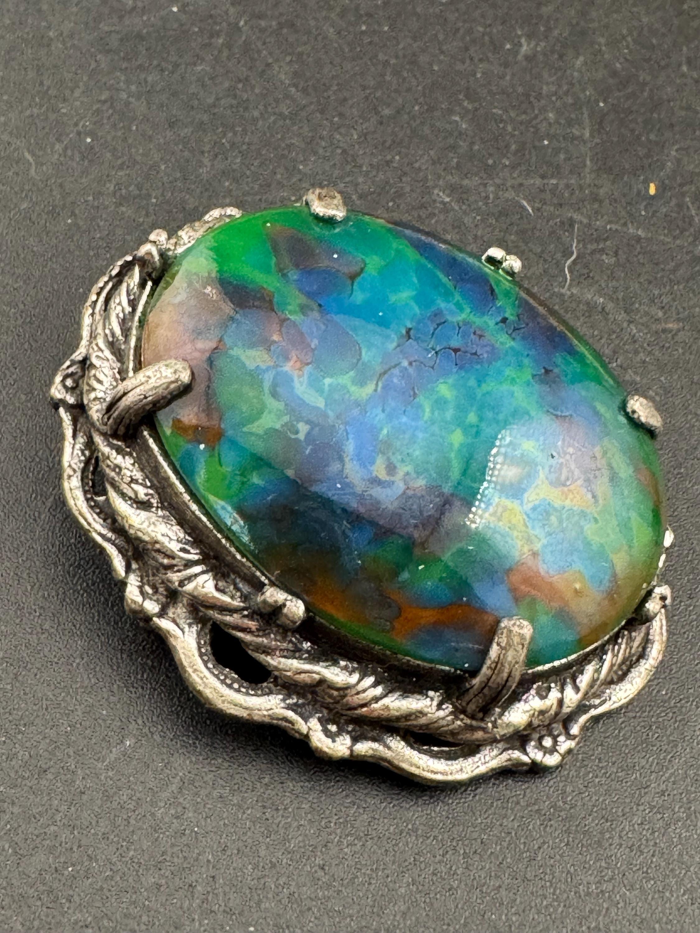 Vintage Oversized Celtic Brooch: Faux Agate Glass, Silver Tone