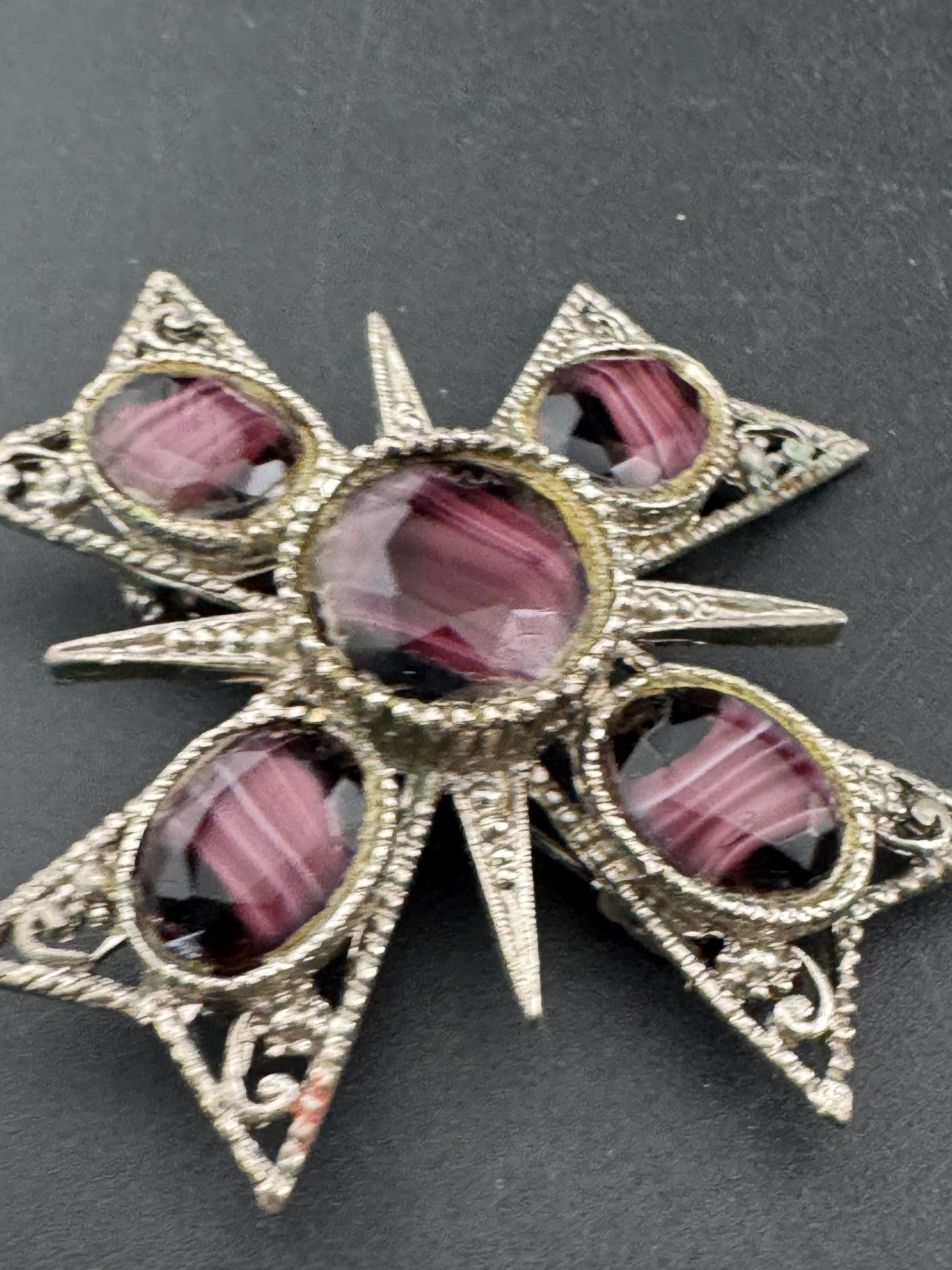 Vintage Scottish style purple faux banded agate givre glass large Maltese cross brooch