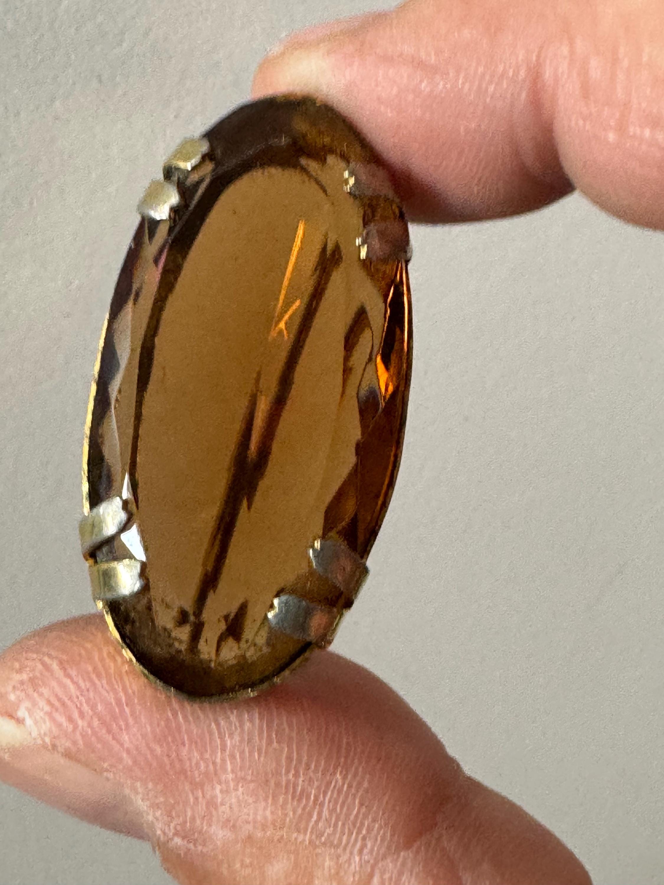 Gold tone oval cognac glass brooch large brown cabochon vintage 4cm