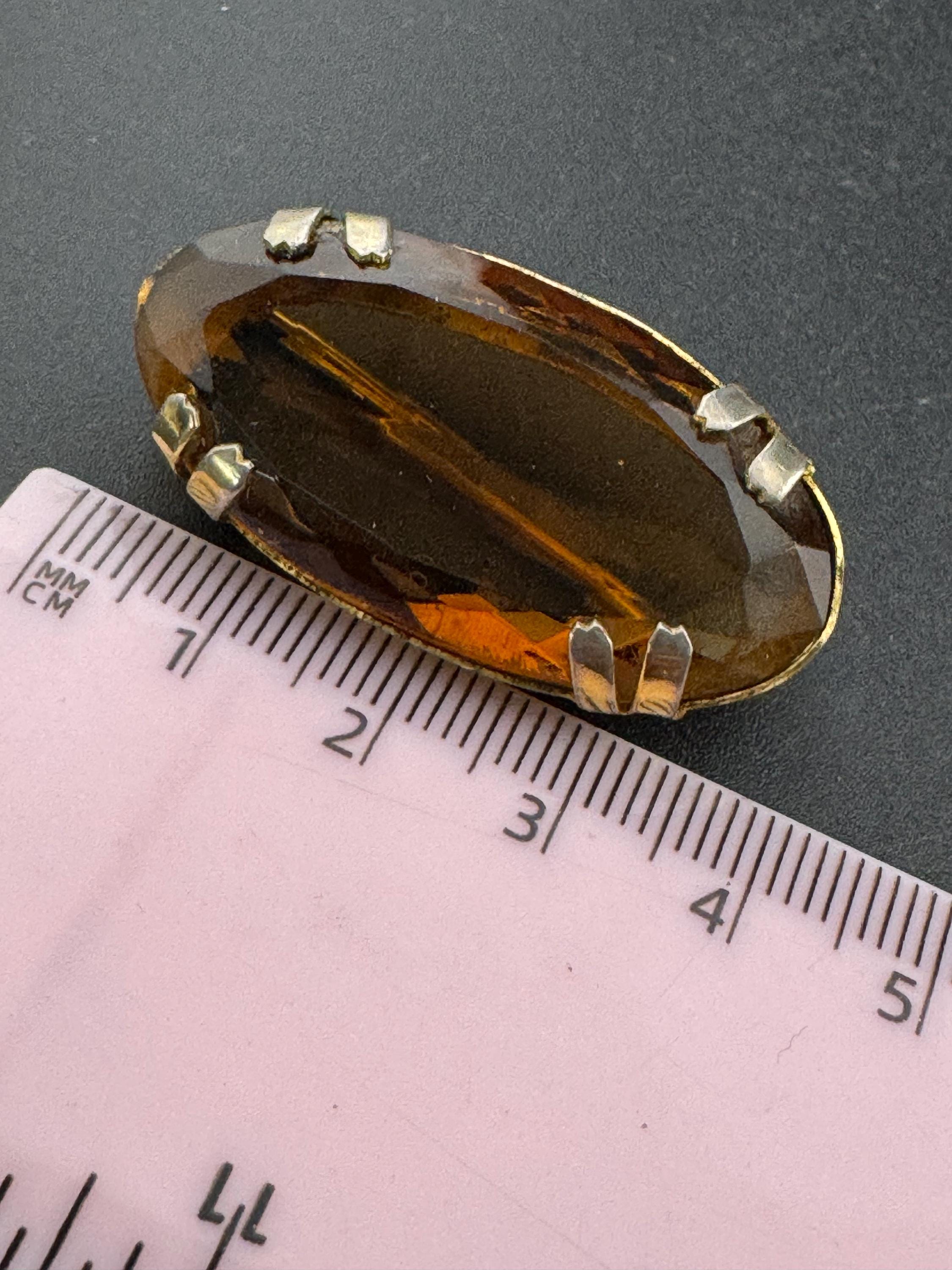 Gold tone oval cognac glass brooch large brown cabochon vintage 4cm