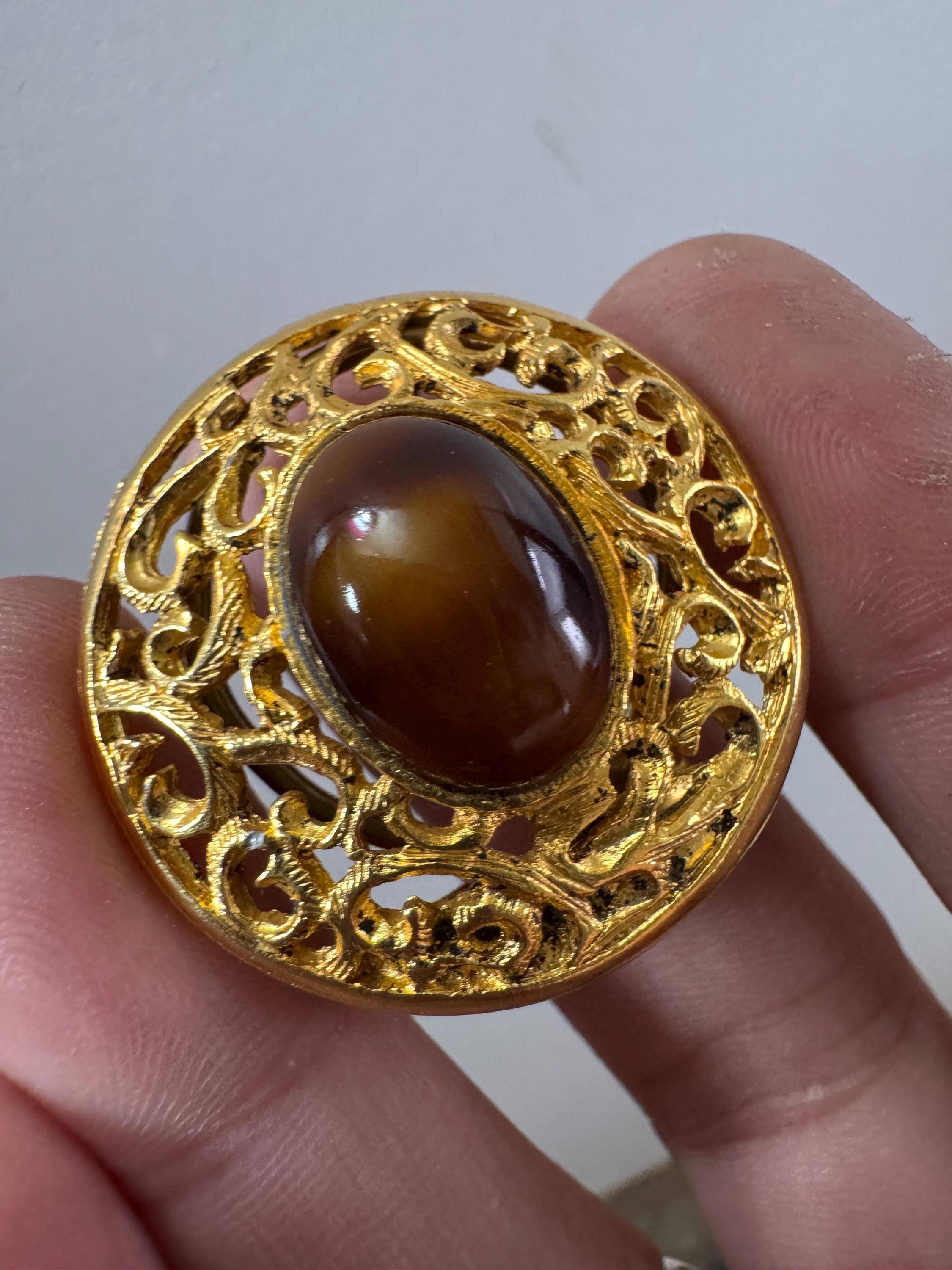Vintage Gold tone Celtic Scarf Ring set with faux agate brown cabochon