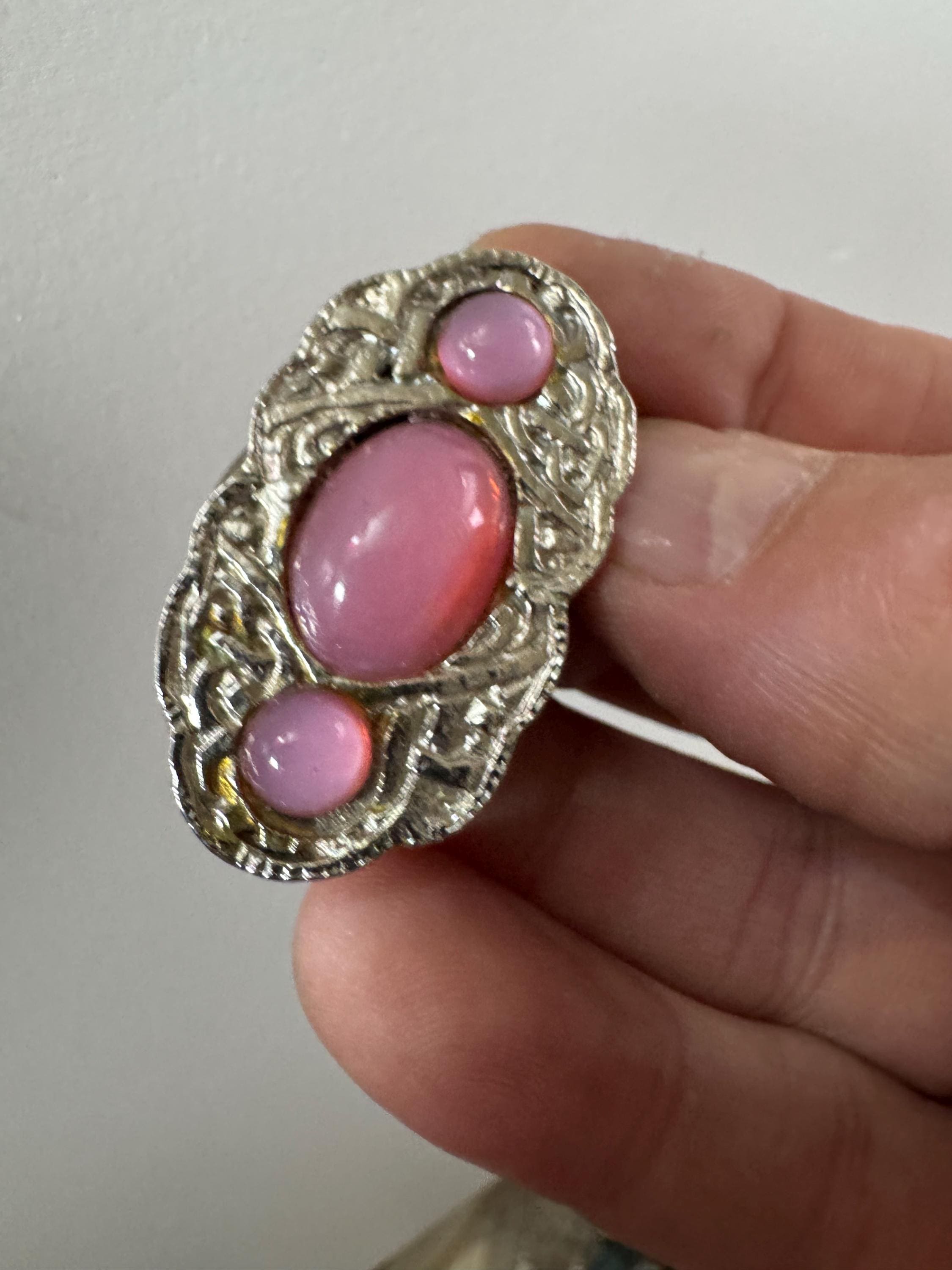Scottish, Celtic style Scarf Ring Clip silver Tone set with pink cabochons