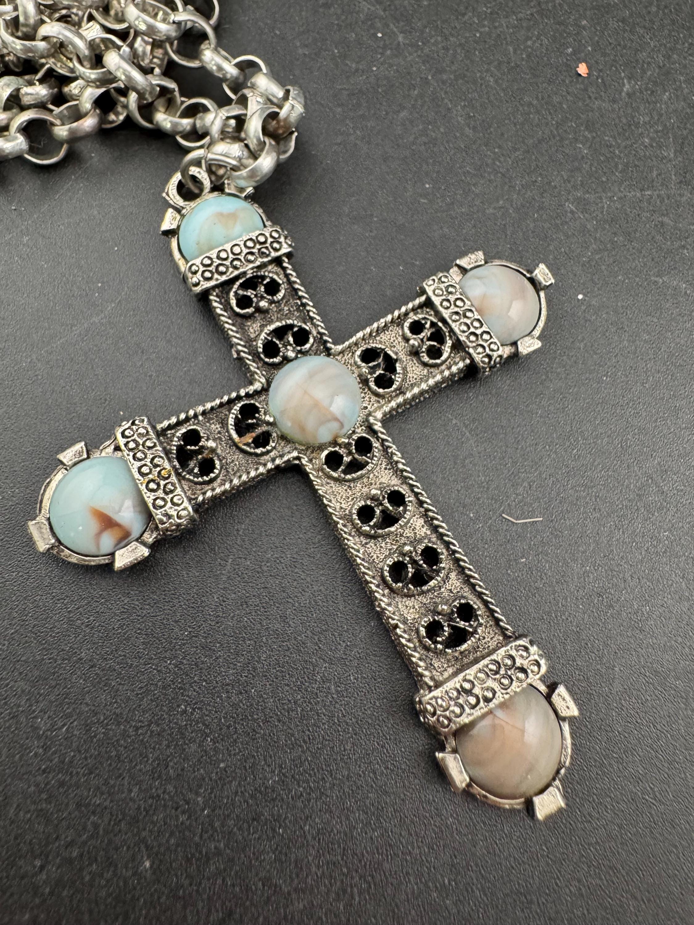 Vintage Dorene Celtic Cross Pendant: Marbled Faux Gemstone, Silver Tone