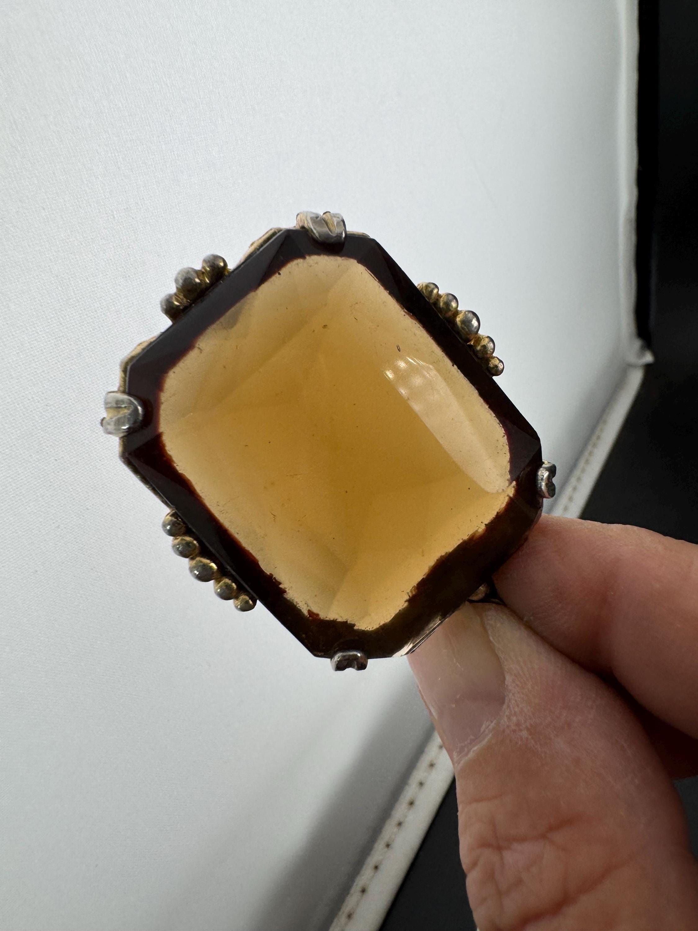 Vintage gold tone brown cognac glass rectangular long 5cm pendant necklace 75cm