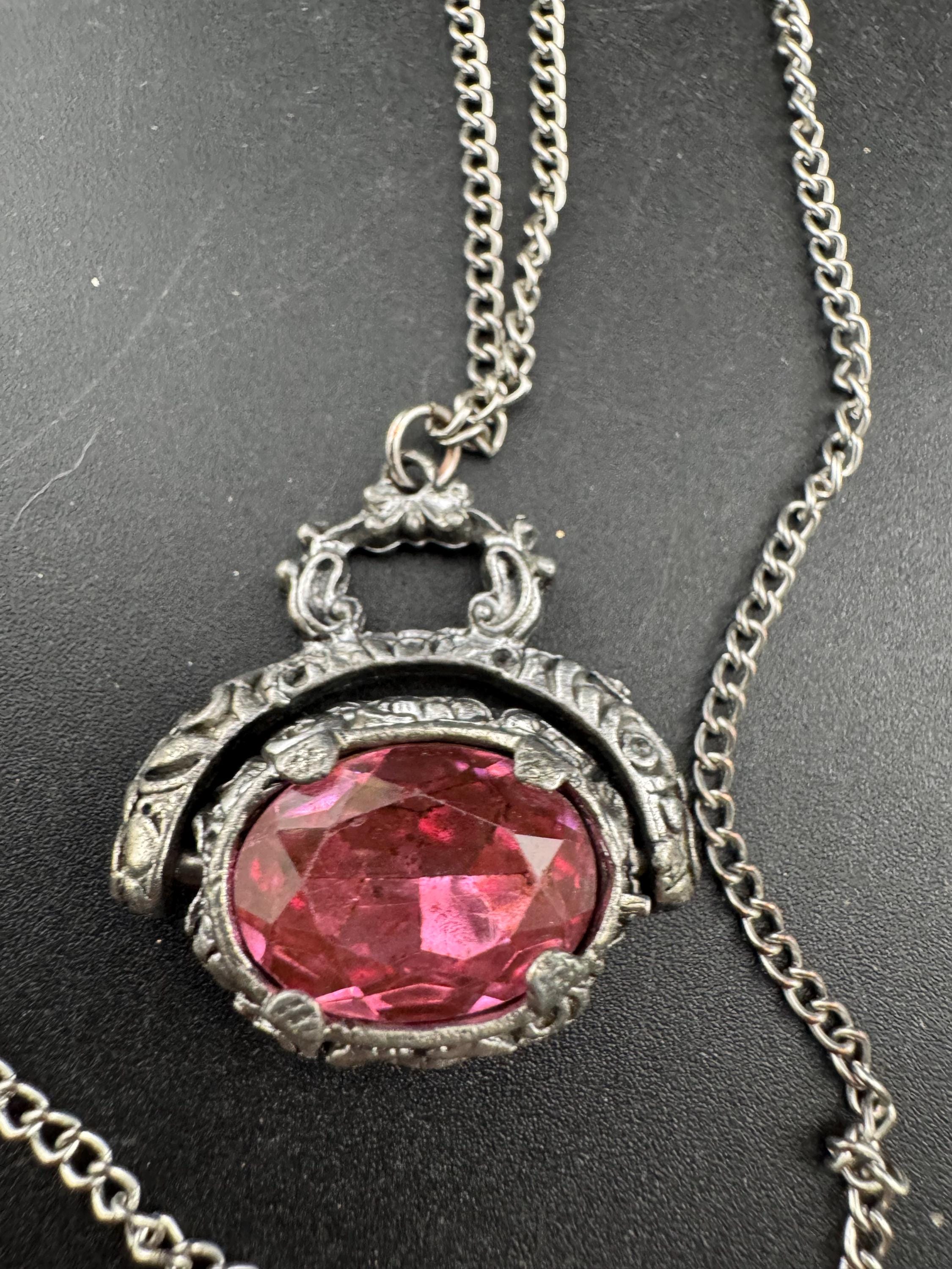 Retro antique style pink crystal spinner key fob charm pendant silver tone