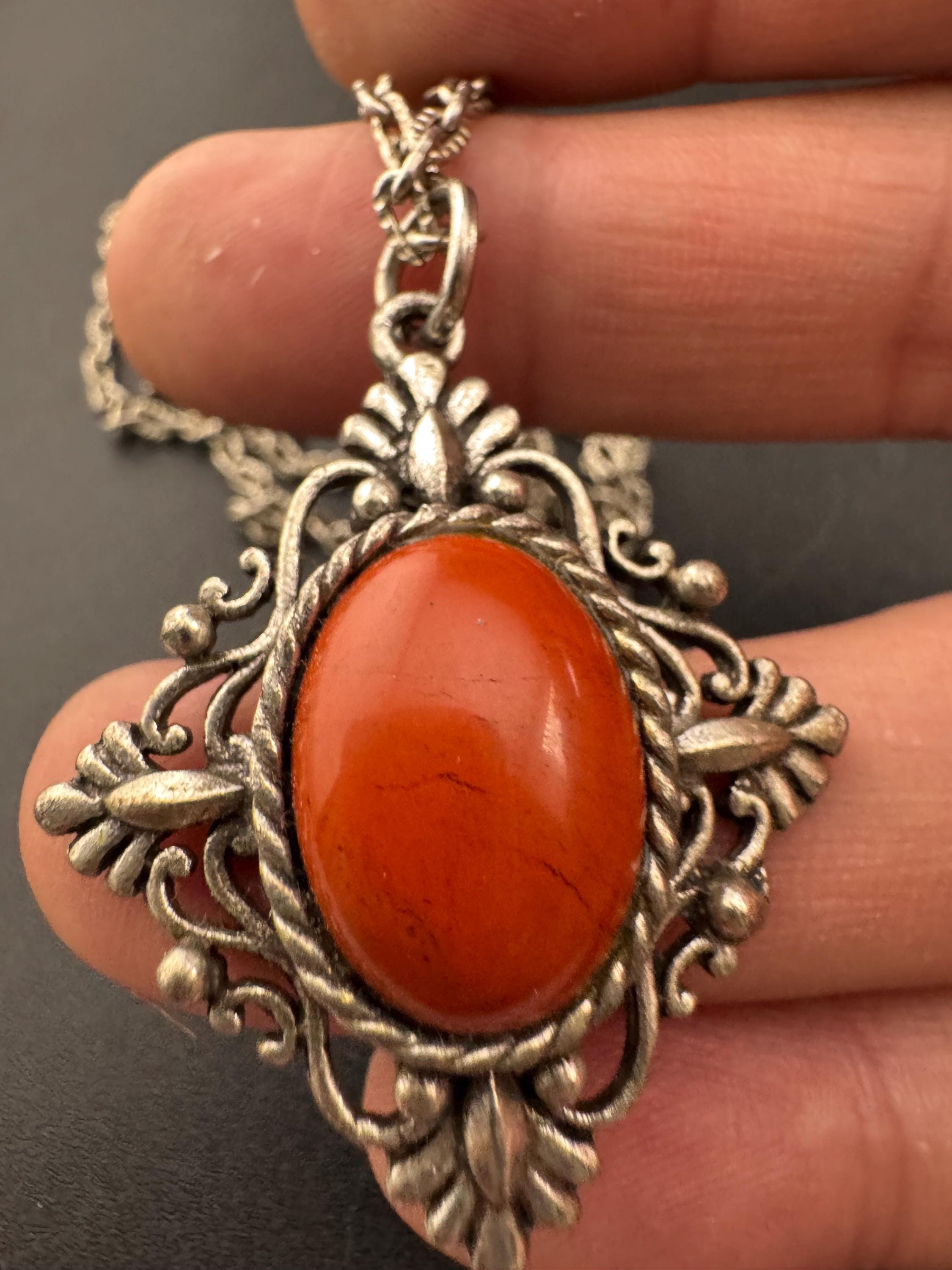 Vintage steel necklace Modernist silver tone chain with central terracotta brown cabochon Mid Century. Celtic style