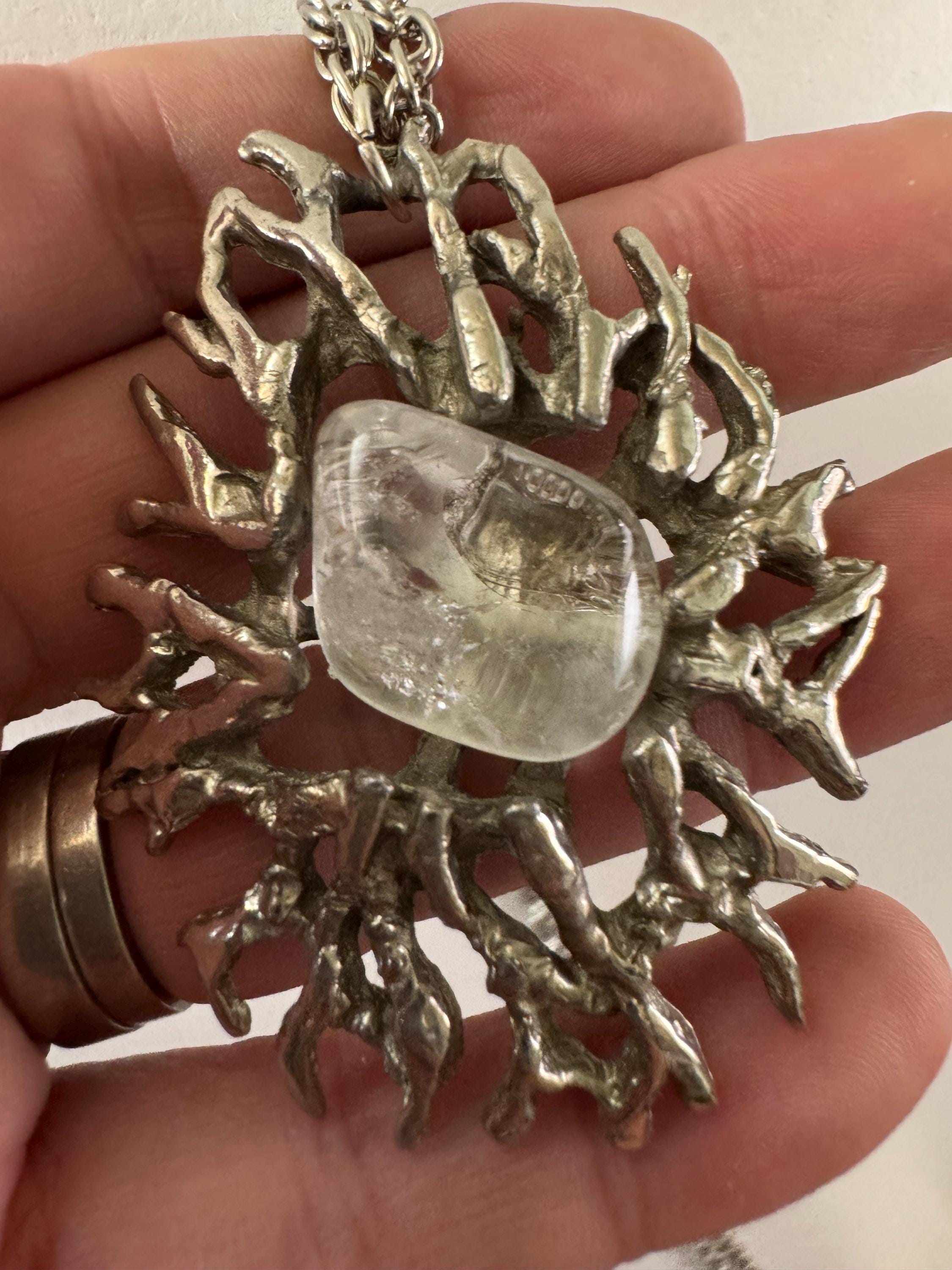 Vintage Modernist silver tone Steel pendant necklace set with clear quartz gemstone brutalist surround