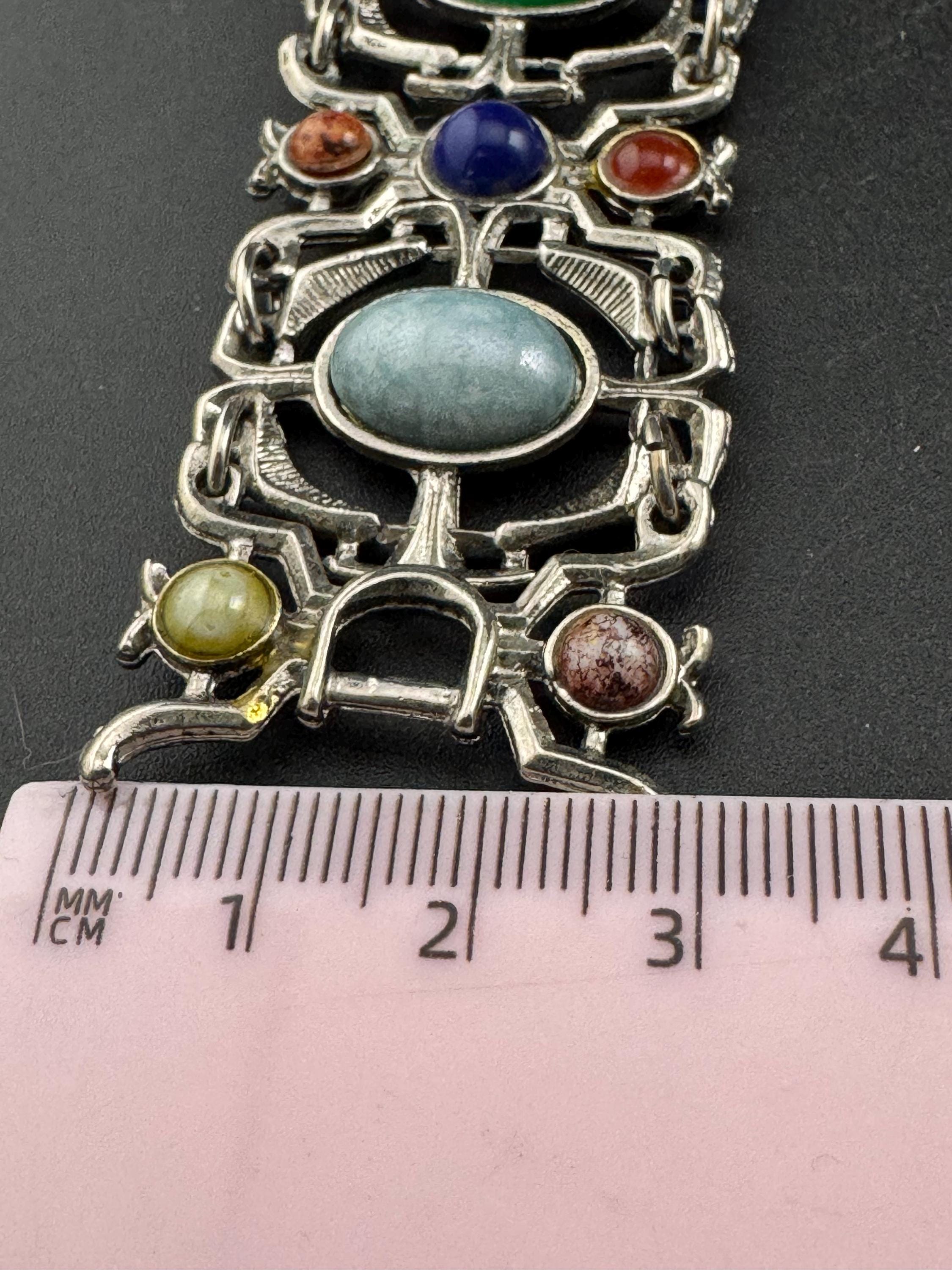 vintage retro 1970s silver tone Panel link Scottish bracelet with faux agate gemstone cabochons