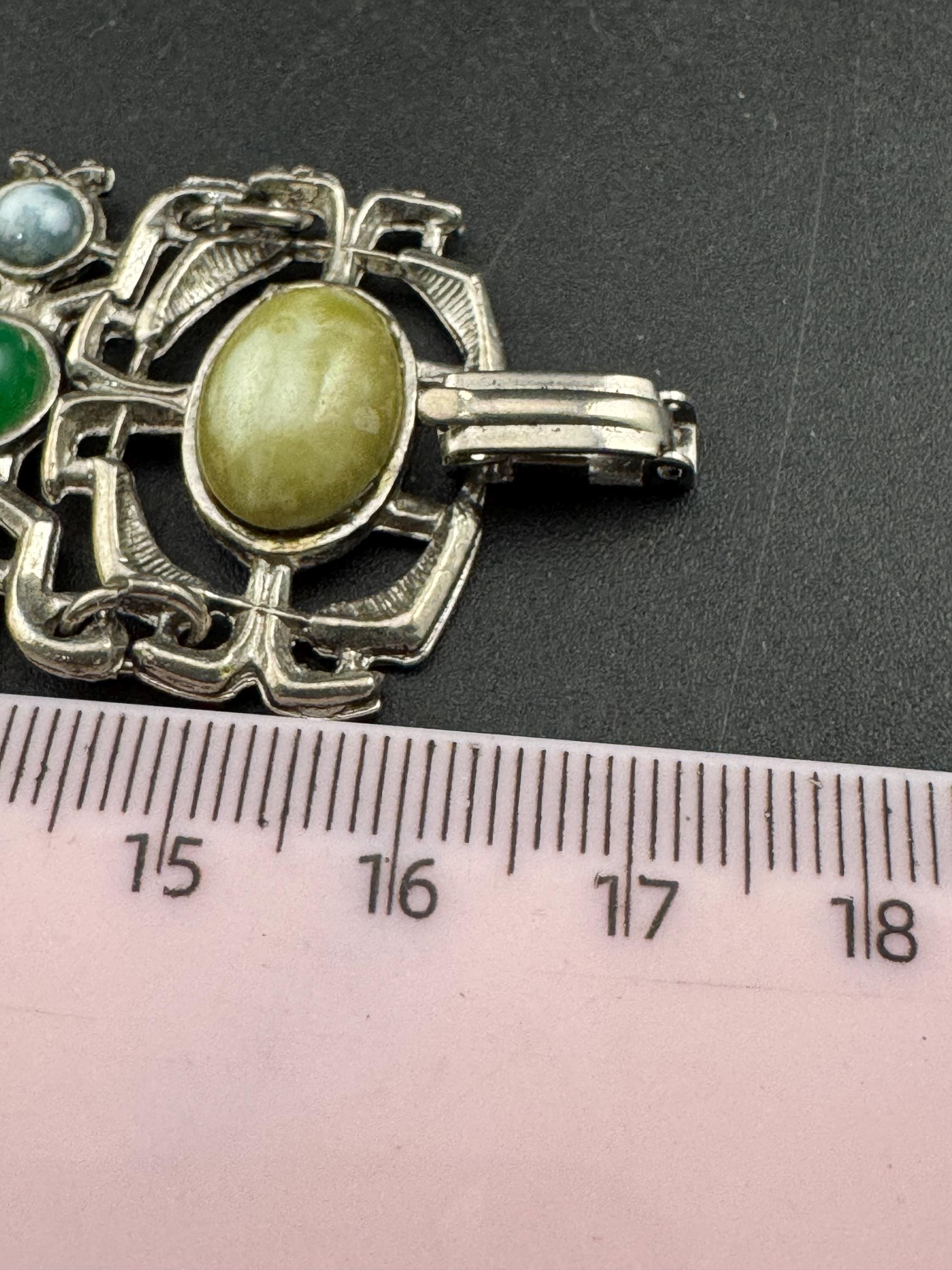 vintage retro 1970s silver tone Panel link Scottish bracelet with faux agate gemstone cabochons