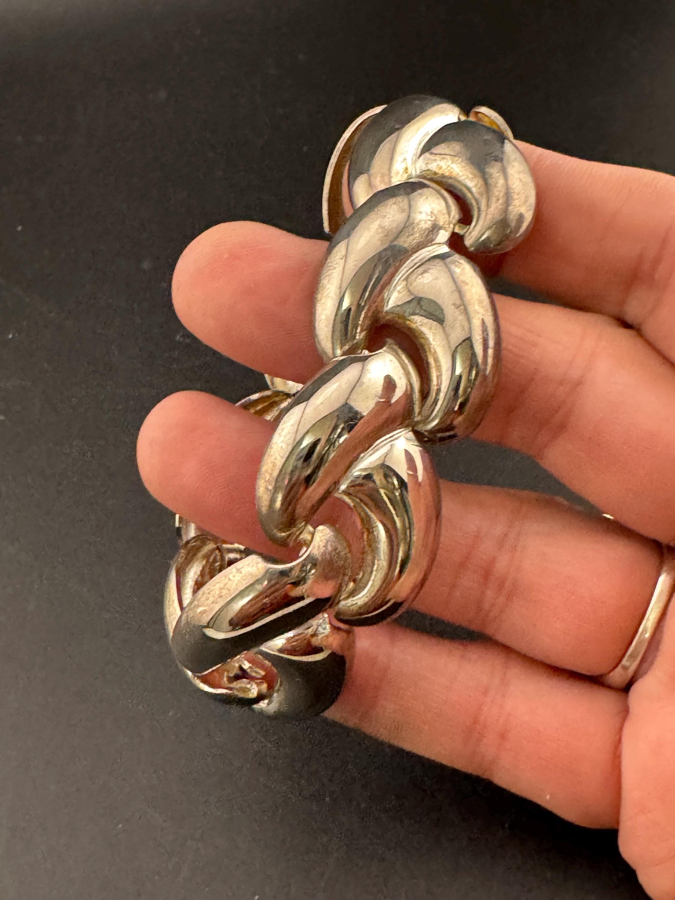 Early retro modernist silver tone embossed wide chunky statement bracelet 18.5cm 1980s 1990s