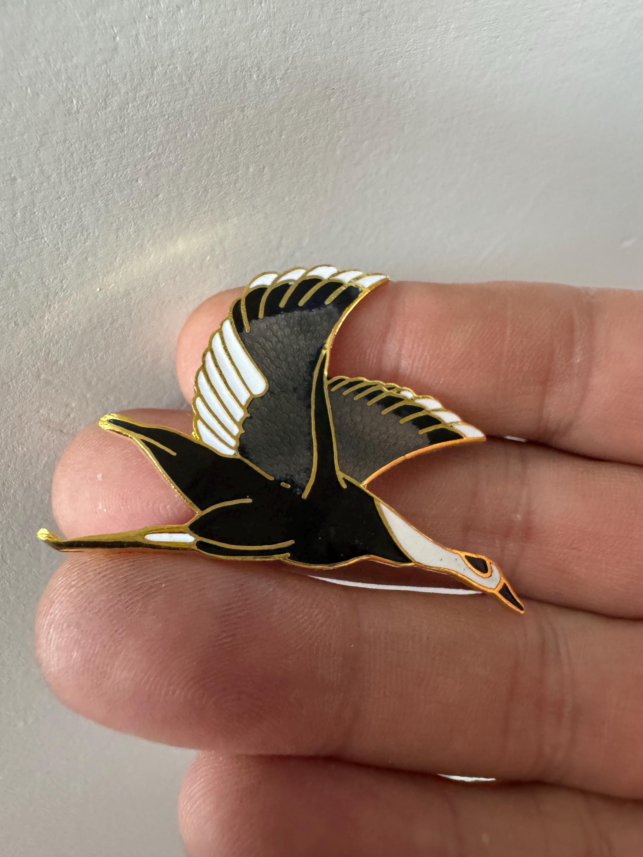 1980s Japanese Cloisonné Crane Brooch: Grey, Black & Gold Tone