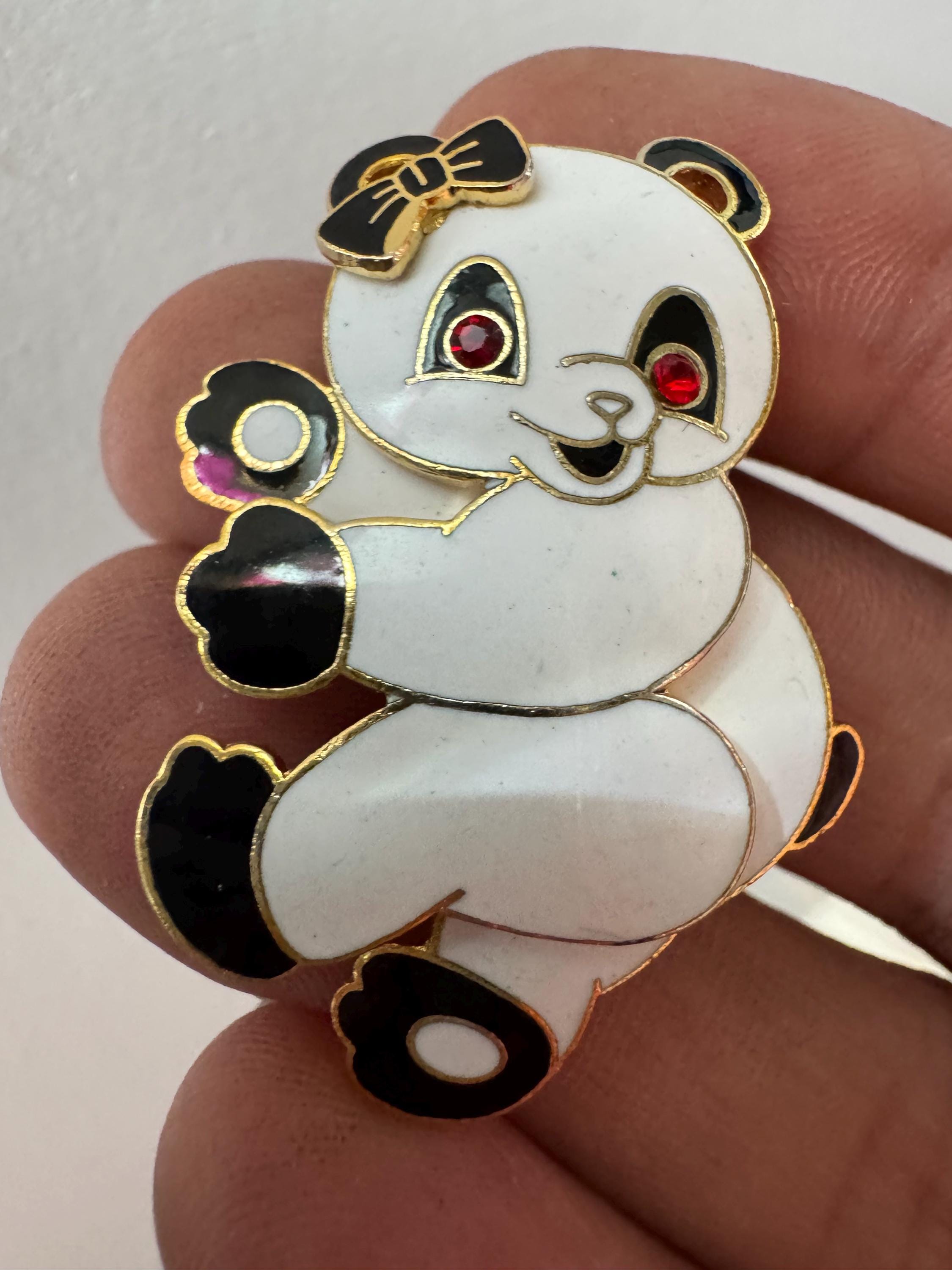 1980s Panda Bear Cloisonné Brooch: Gold Tone Enamel, Unused